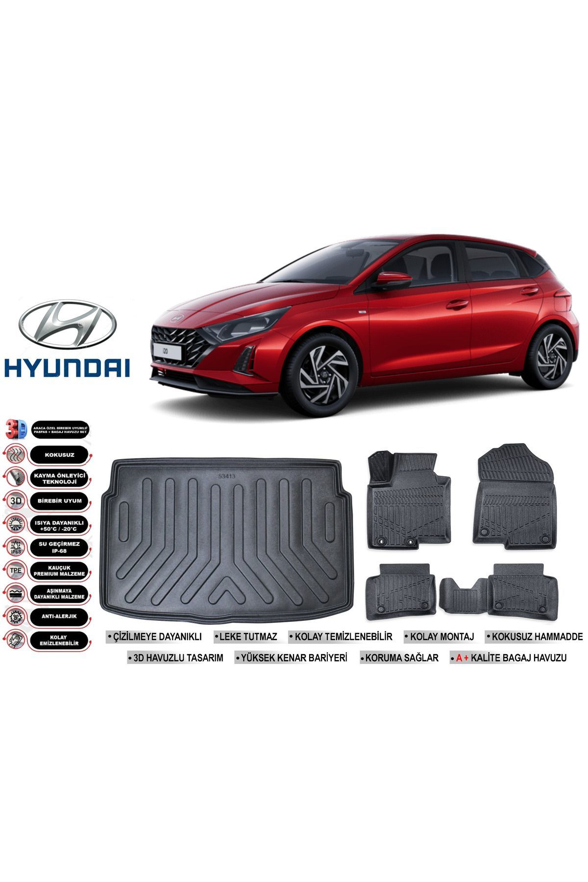 Hyundai İ20 2021 Model Bagaj Havuzu Araca Özel Siyah Havuzlu Paspas Takımı Sett