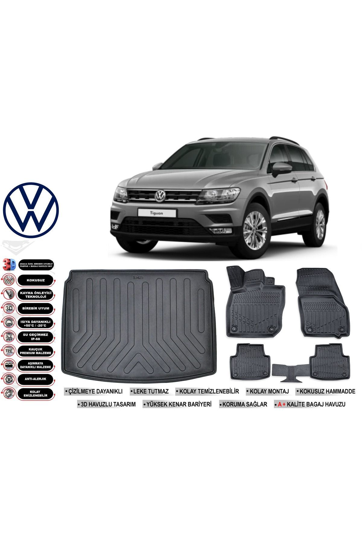 Volkswagen Tiguan 2020 Model Alt Bagaj Havuzu Araca Özel Siyah Havuzlu Paspas Takımı Sett