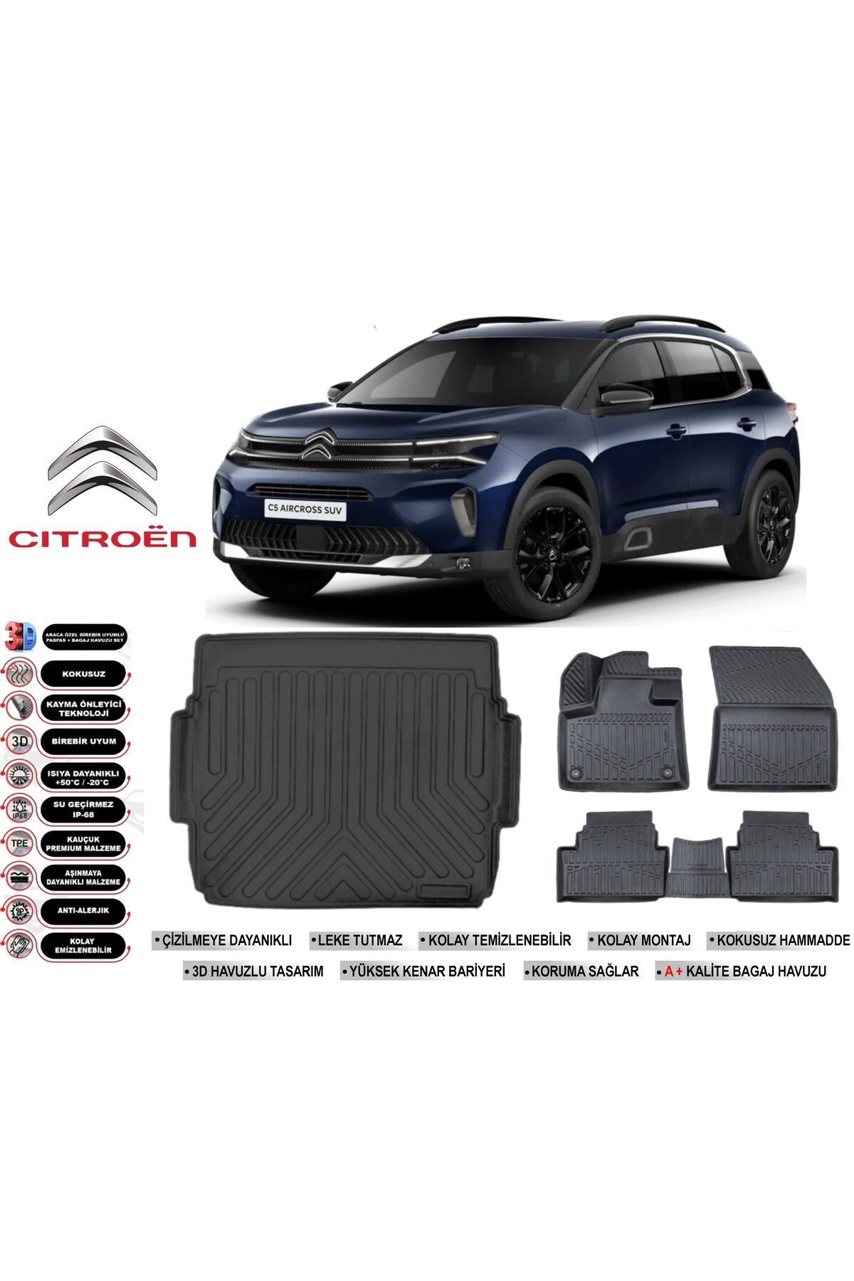 Citroen C5 Aircross 2017 Sonrası Üst Bagaj Havuzu Araca Özel Siyah Havuzlu Paspas Takımı Sett