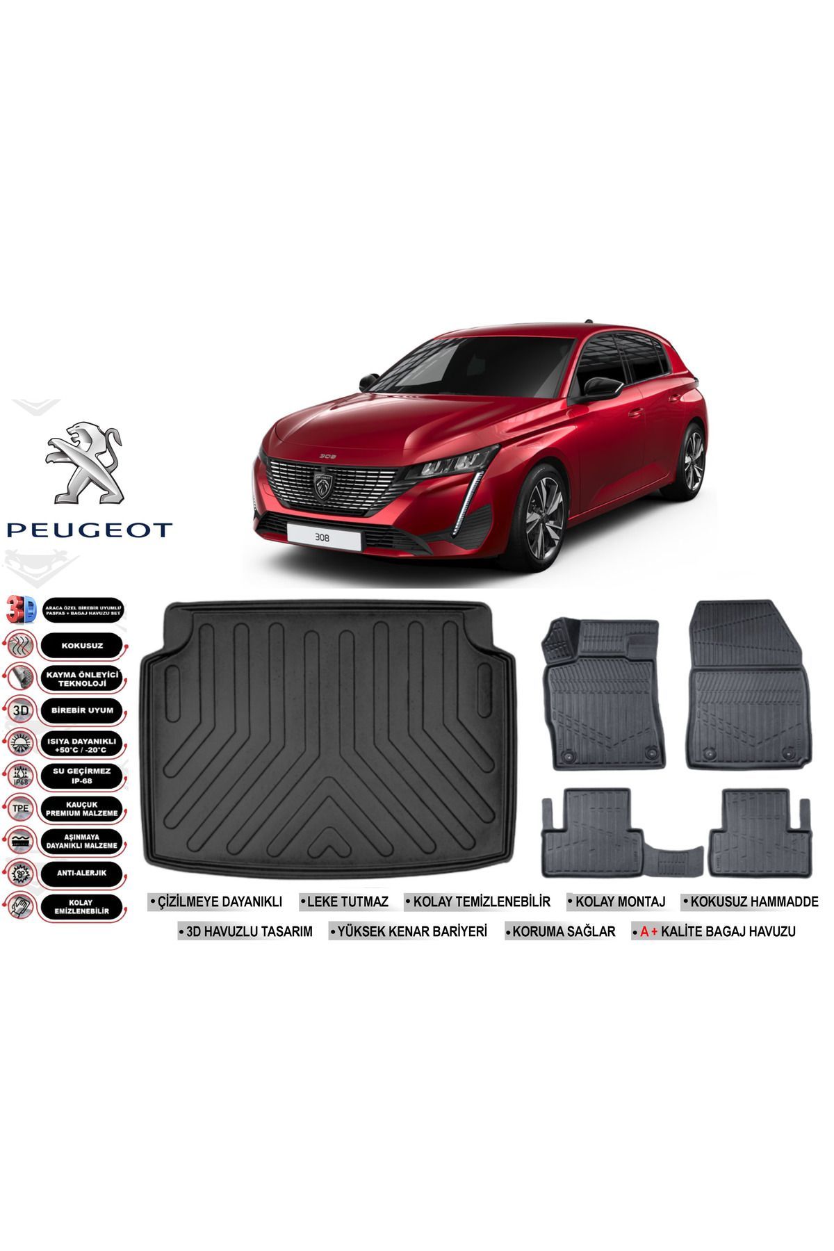 Peugeot 308 2022 Model Bagaj Havuzu Araca Özel Siyah Havuzlu Paspas Takımı Sett