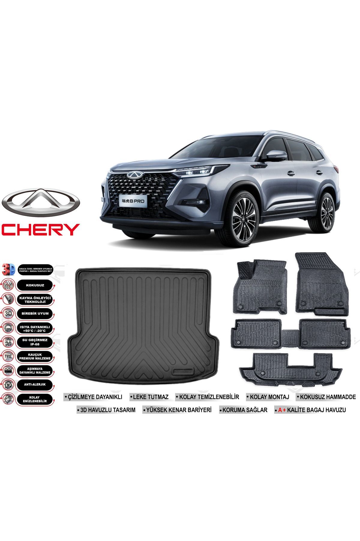 Chery Tiggo 8 7 Kişilik 2024 Model Bagaj Havuzu Araca Özel Siyah Havuzlu Paspas Takımı Sett