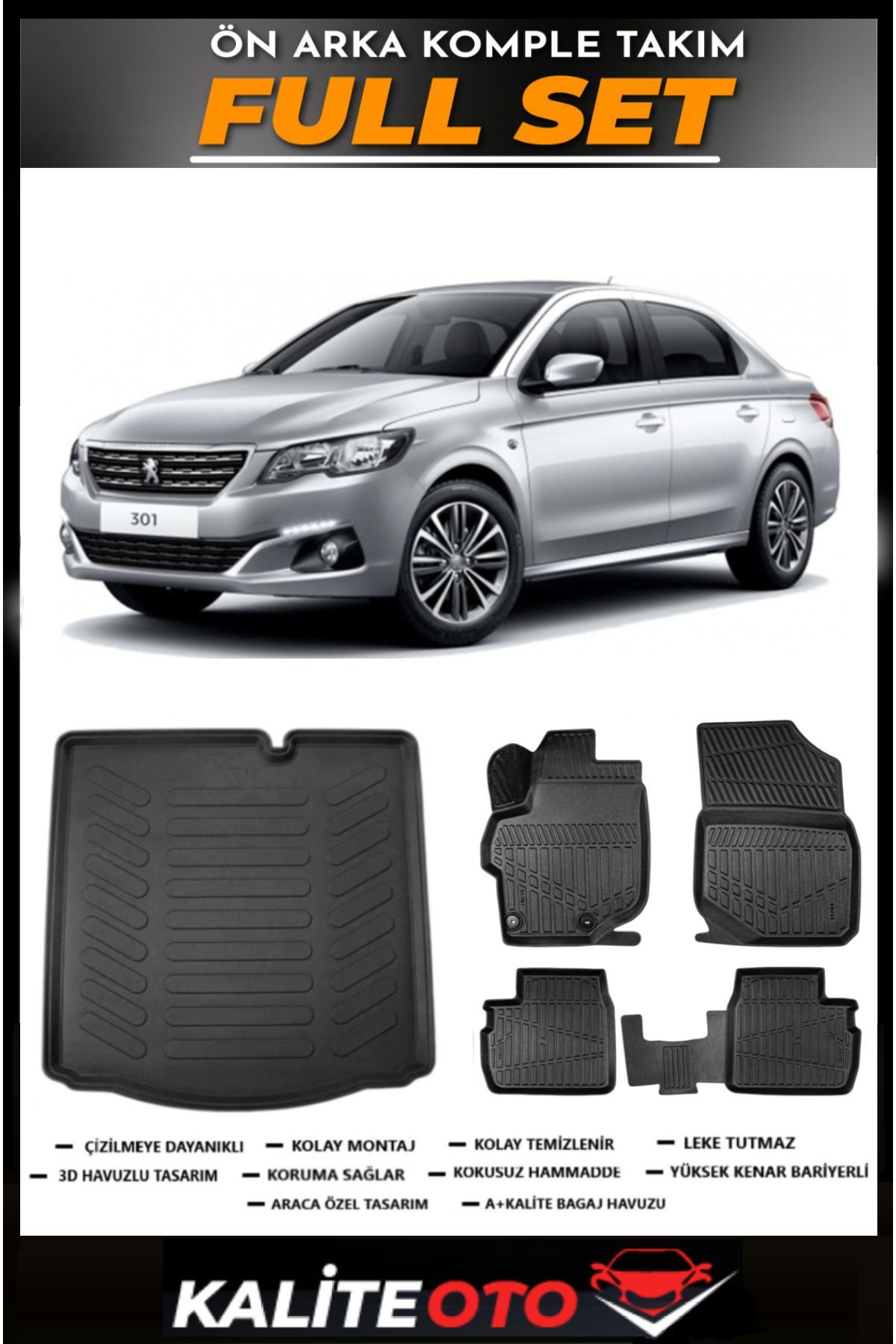 Peugeot 301 Bagaj Havuzu+4.5D Havuzlu Paspas Seti 2025 Model