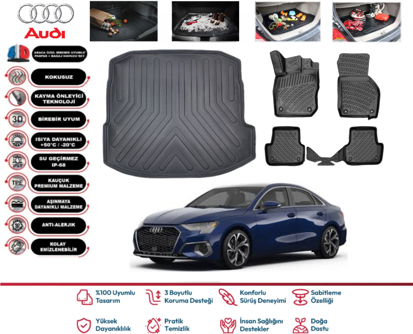 Audi A3 Sedan 2020 Sonrası Bagaj Havuzu Araca Özel Paspas Takımı