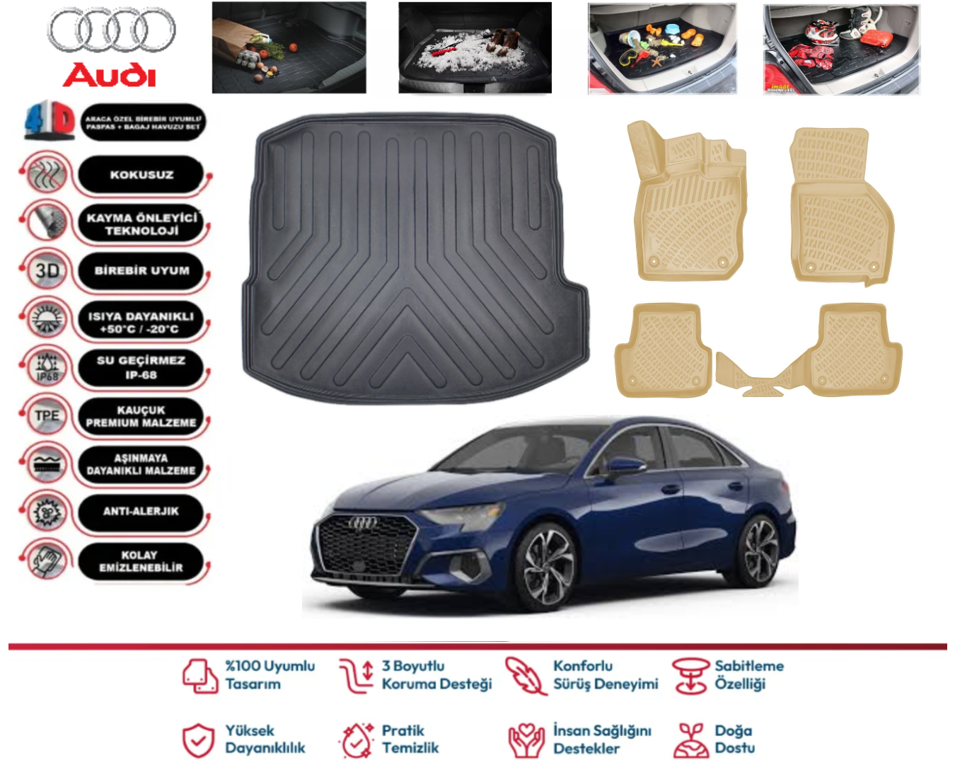 Audi A3 Sedan 2020 Sonrası Bagaj Havuzu Araca Özel Bej Paspas Takımı