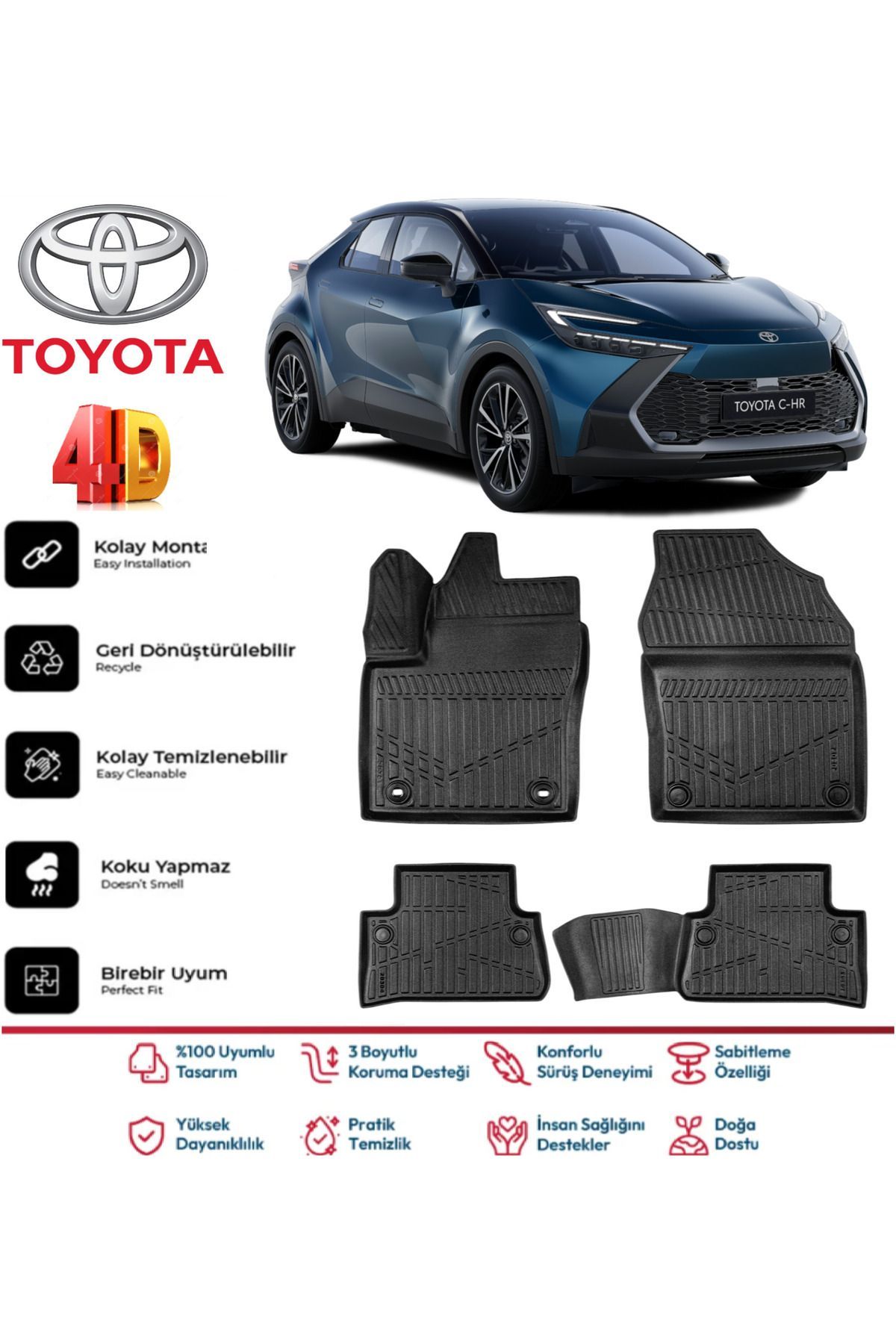 Toyota C-HR 2023 Ve Sonrası 4.5D Plus Havuzlu Siyah Paspas Takımı Yumuşak