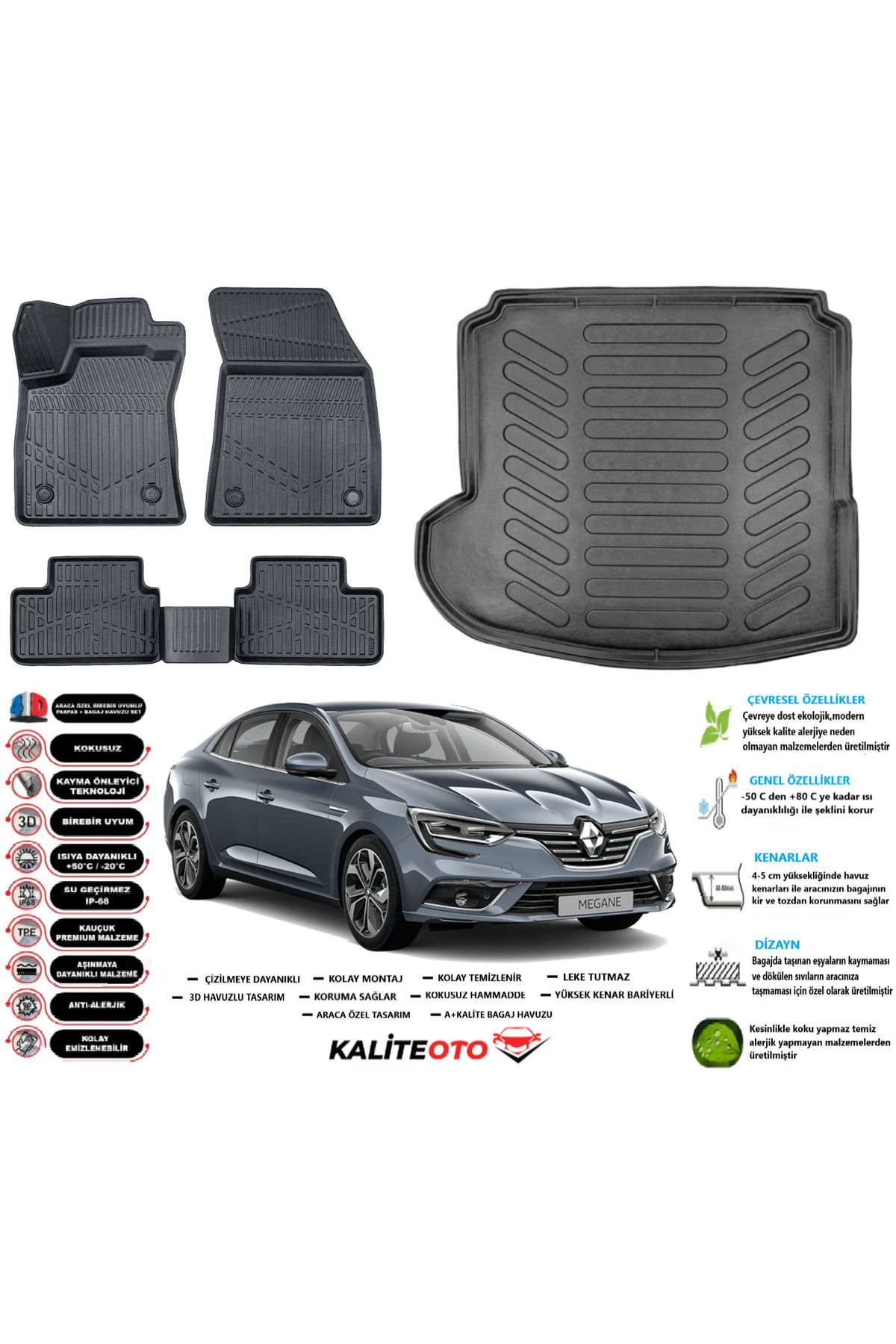Renault Megane 4 2024 Model Sol Kulak Esnek Bagaj Havuzu Araca Özel Siyah Paspas Takımı
