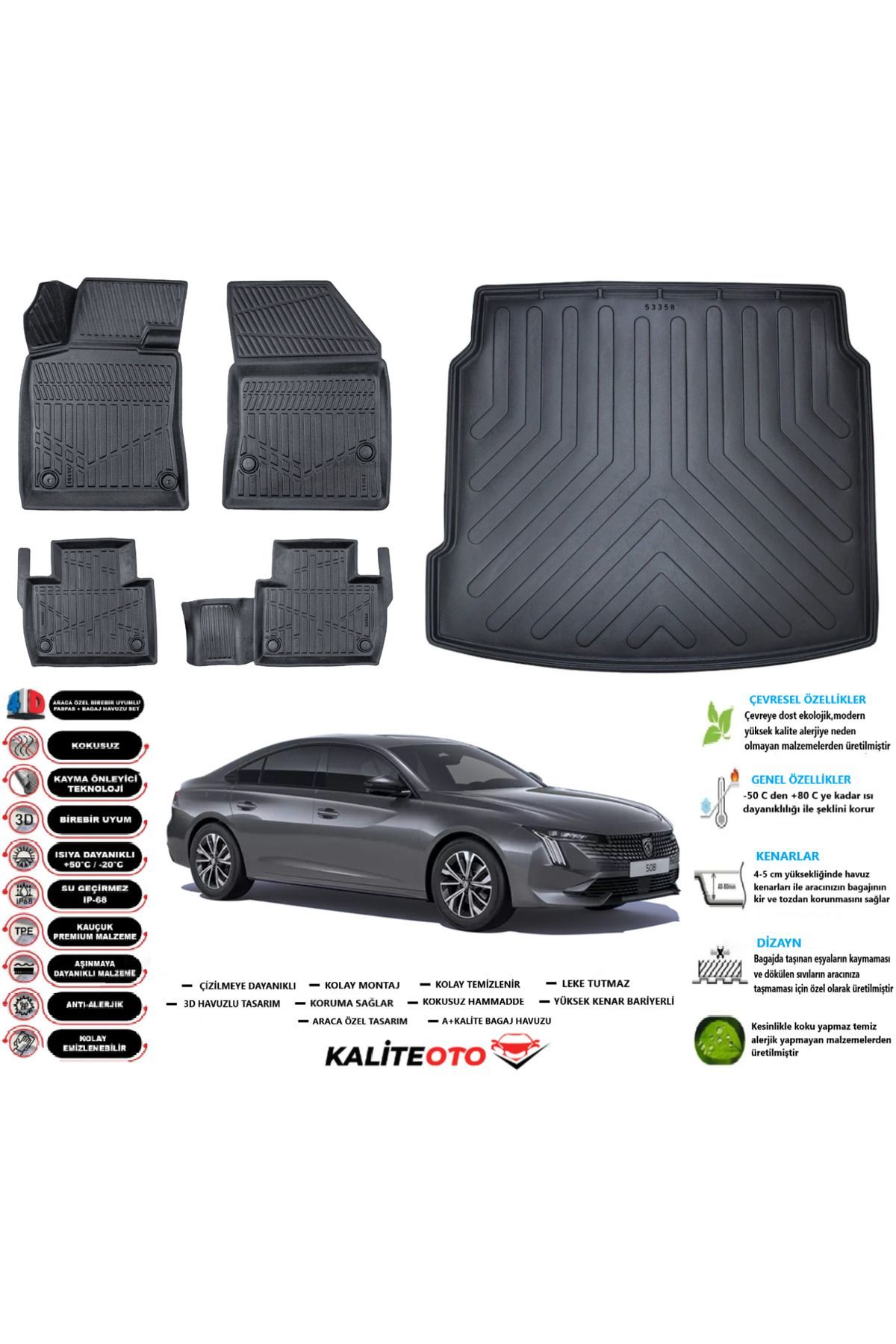 Peugeot 508 2024 Model Esnek Bagaj Havuzu Paspası Araca Özel Siyah Kokusuz Paspas Takımı