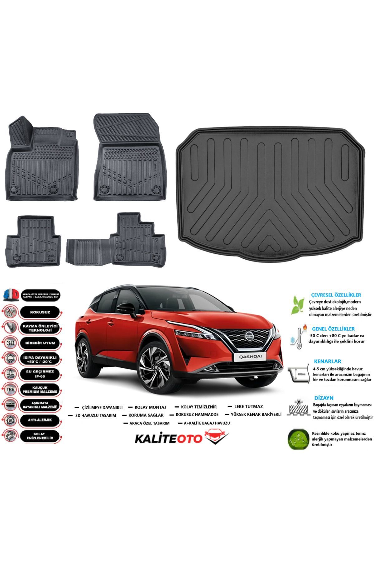 Nissan Qashqai 2024 Model Alt Esnek Bagaj Havuzu Araca Özel Siyah Paspas Takımı