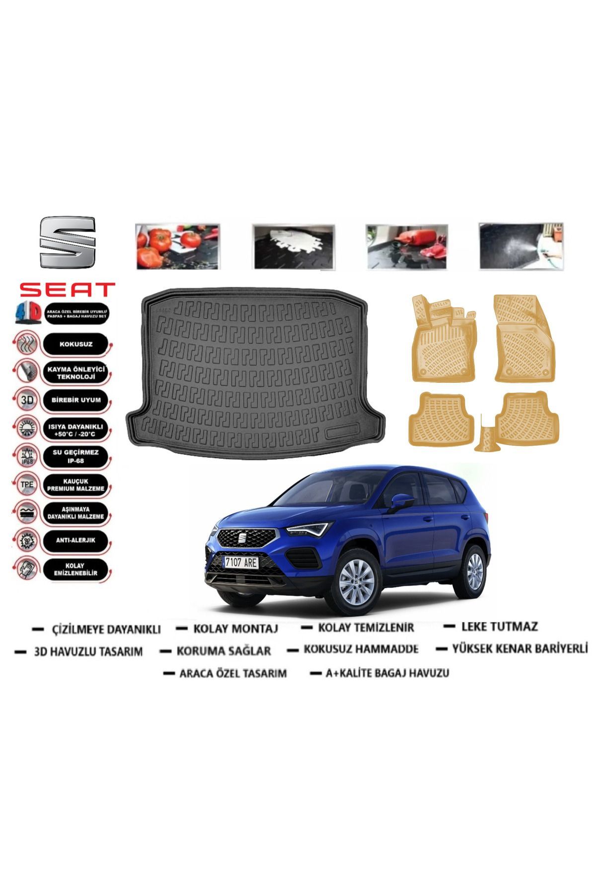 Seat Ateca 2023 Model Bagaj Havuzu(paspası)+Araca Özel Bej Paspas Takımı Flex