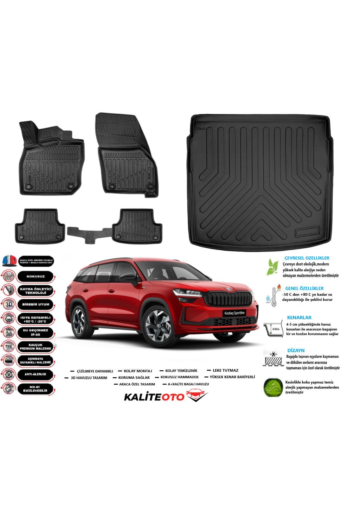 Skoda Kodiaq 2025 Model Esnek Bagaj Havuzu Araca Özel Siyah Paspas Seti