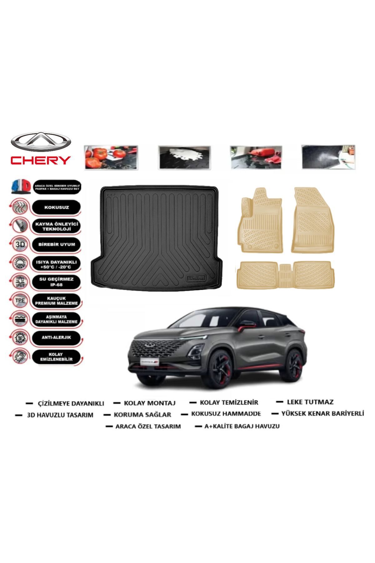 Chery Omoda 5 2025 Model Bagaj Havuzu+Araca Özel Bej Paspas Takımı Flex