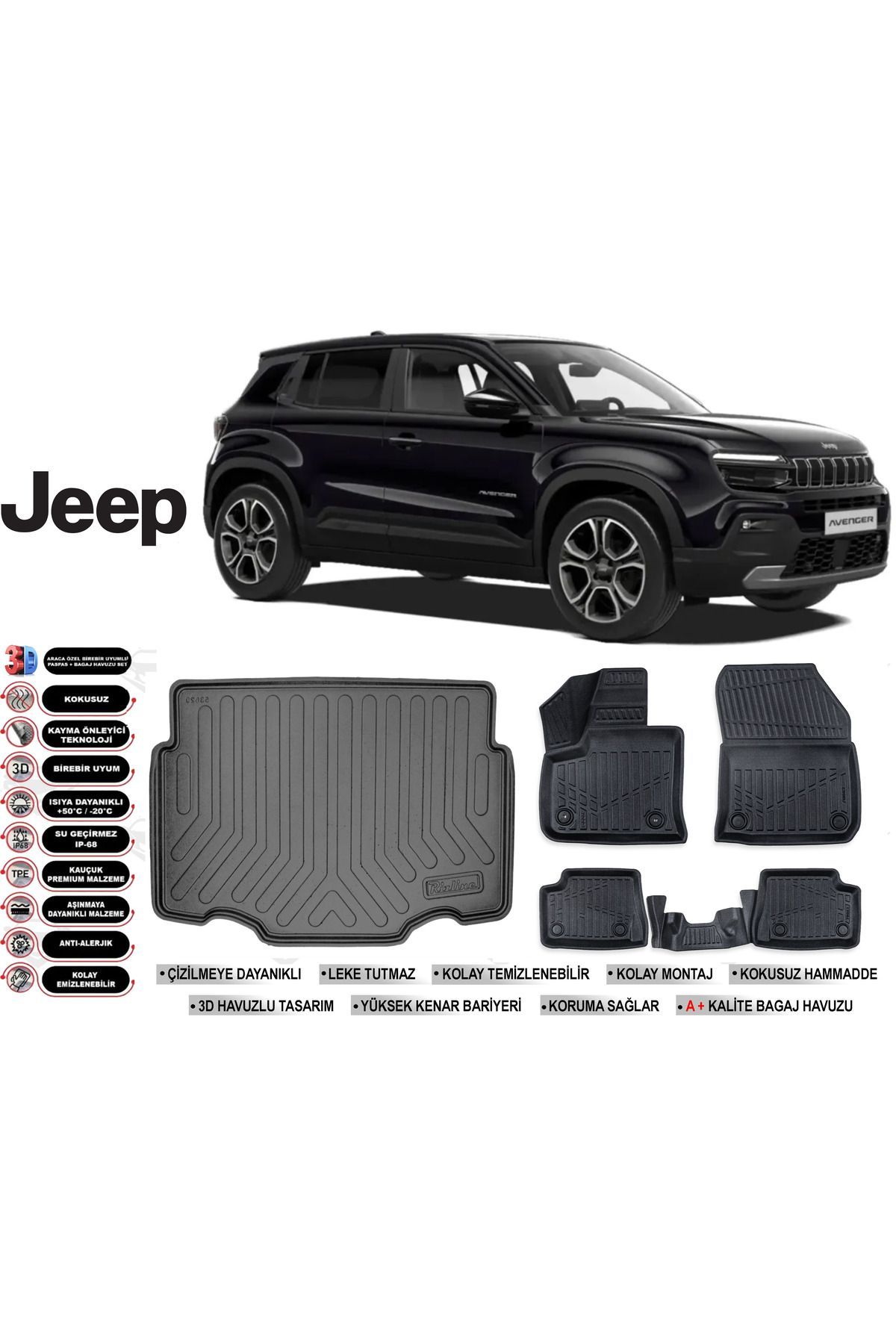 Jeep Avanger Elektrikli 2024 Model Alt Bagaj Havuzu Araca Özel Siyah Havuzlu Paspas Takımı Sett