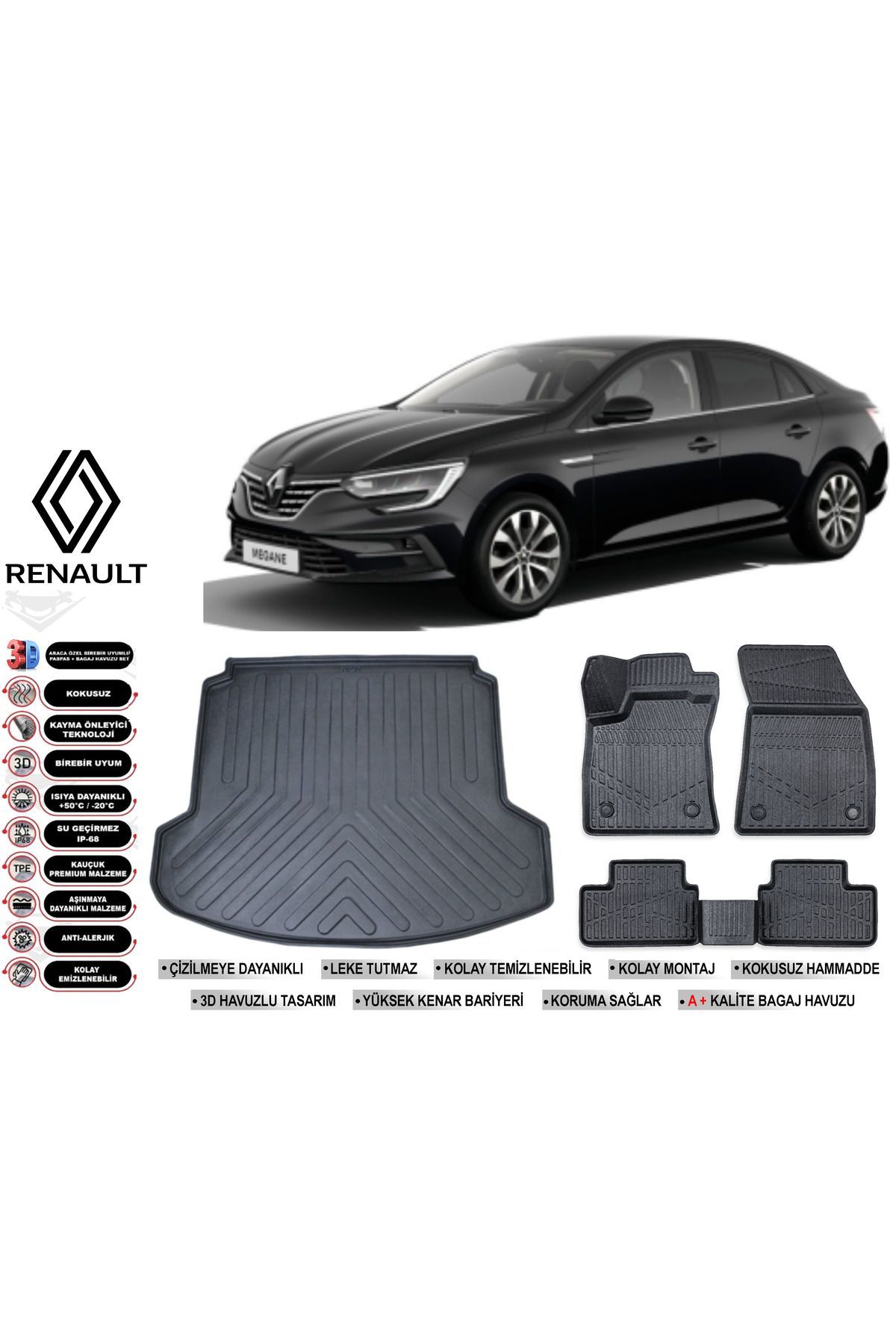 Renault Megane 4 2019 Model Çift Kulak Bagaj Havuzu Araca Özel Siyah Havuzlu Paspas Takımı Sett