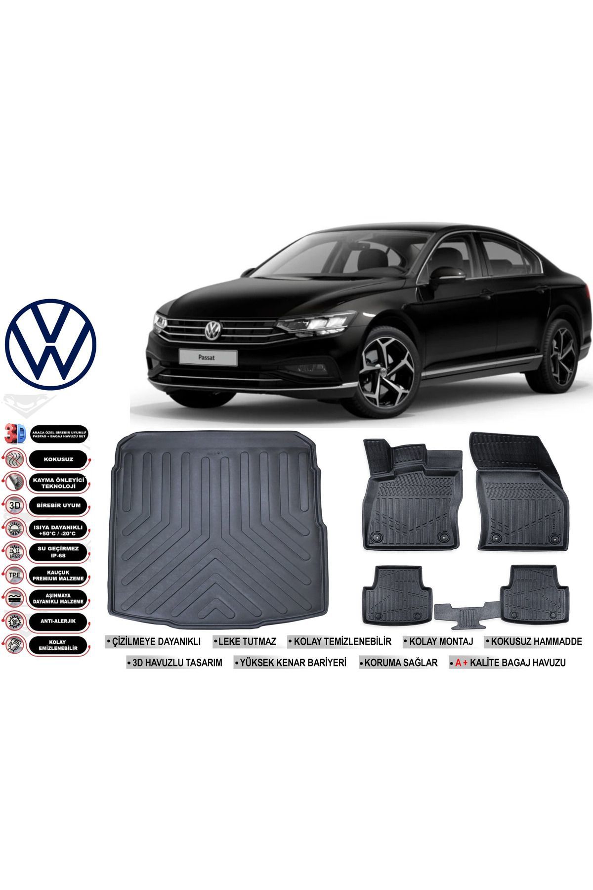 Volkswagen Passat B8 2018 Model Bagaj Havuzu Araca Özel Siyah Havuzlu Paspas Takımı Sett