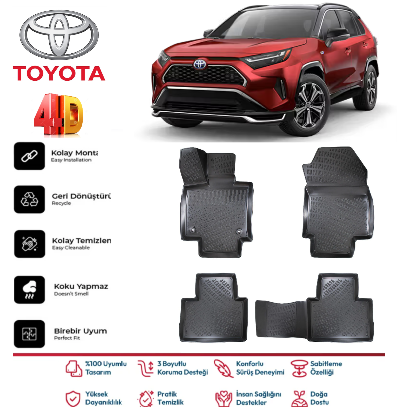 Toyota Rav4 2018 Sonrası 4D Araca Özel Havuzlu Kokusuz Paspas Takımı