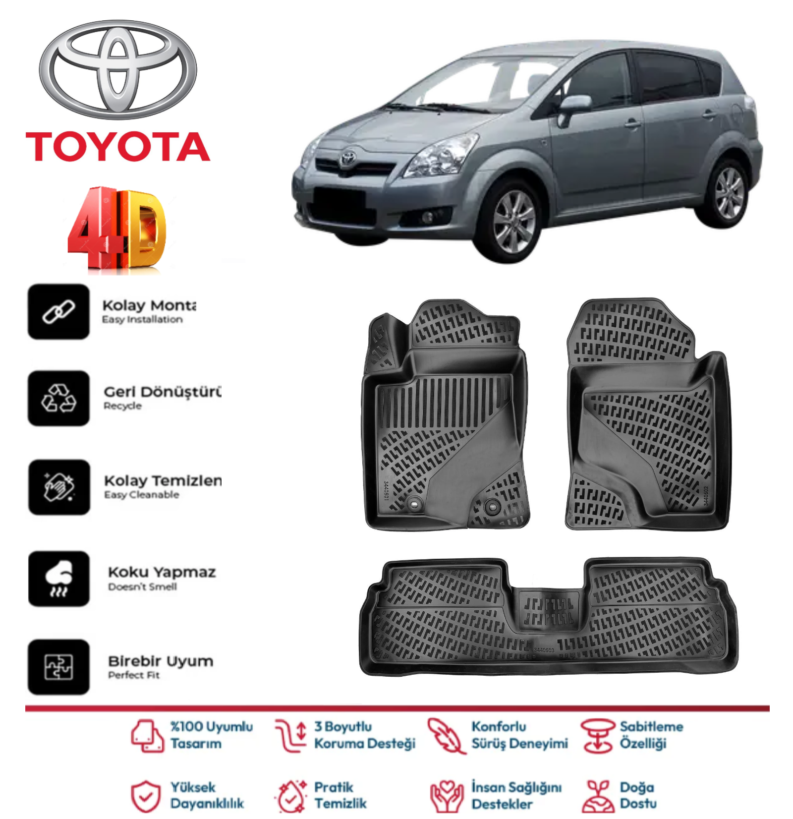 Toyota Verso 2003-2009 4D Araca Özel Havuzlu Kokusuz Paspas Takımı