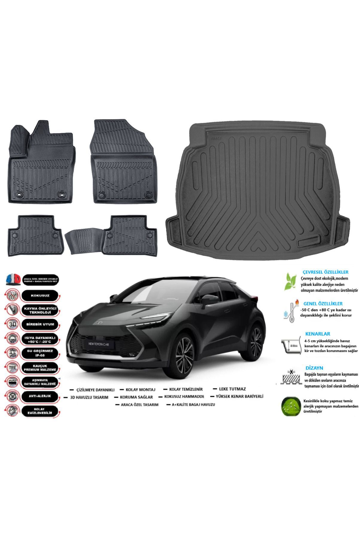 Toyota C-HR 2025 Model Ses Sistemsiz Esnek Bagaj Havuzu Araca Özel Siyah Paspas Takımı