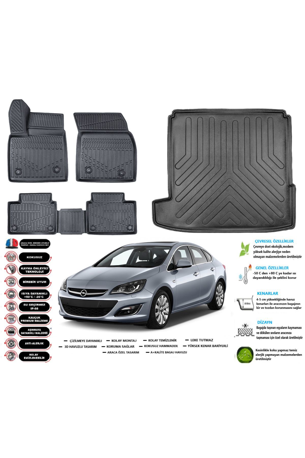 Opel Astra J Sedan 1,4 2024 Model Esnek Bagaj Havuzu Araca Özel Siyah Paspas Takımı
