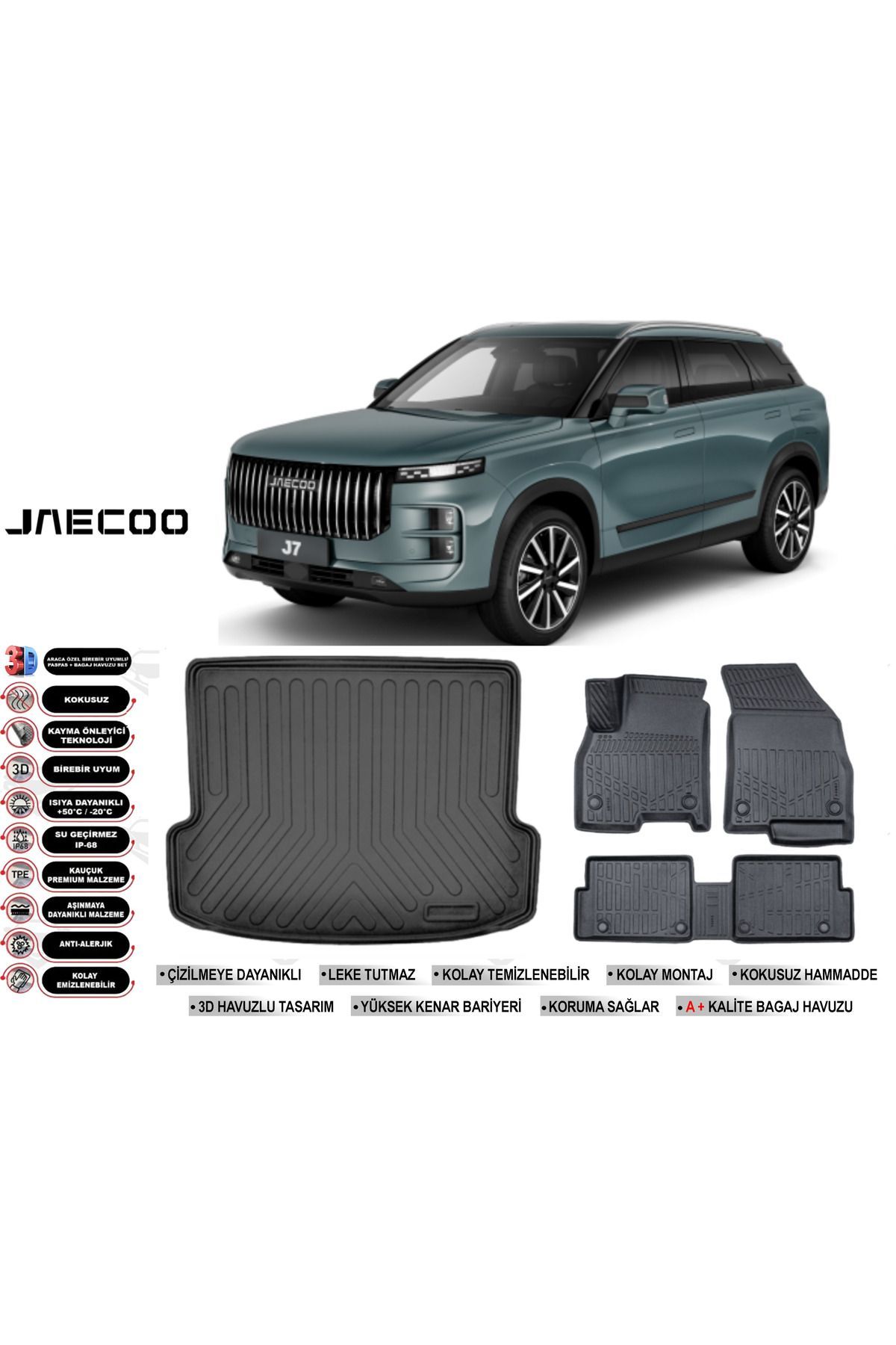 Jaecoo J7 2025 Model Kalın Stepneli Bagaj Havuzu Araca Özel Siyah Havuzlu Paspas Takımı Sett