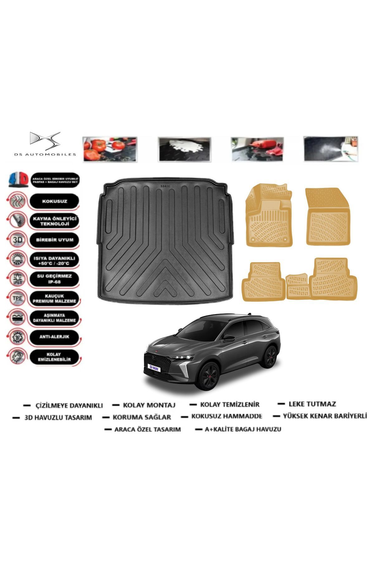 DS 7 Crossback 2022 Model Alt Bagaj Havuzu+Araca Özel Bej Paspas Takımı Flex