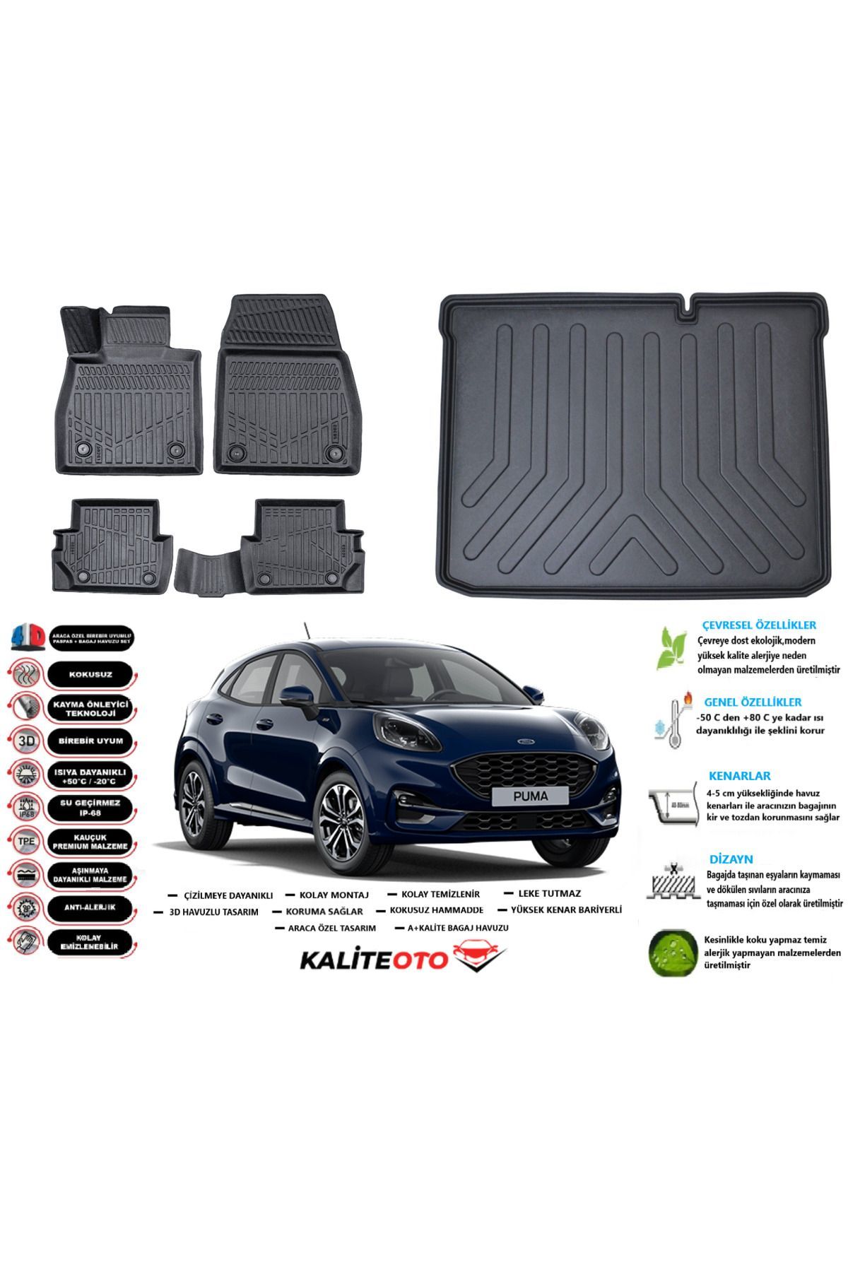 Ford Puma 2022 Model Alt Esnek Bagaj Havuzu Araca Özel Siyah Paspas Takımı