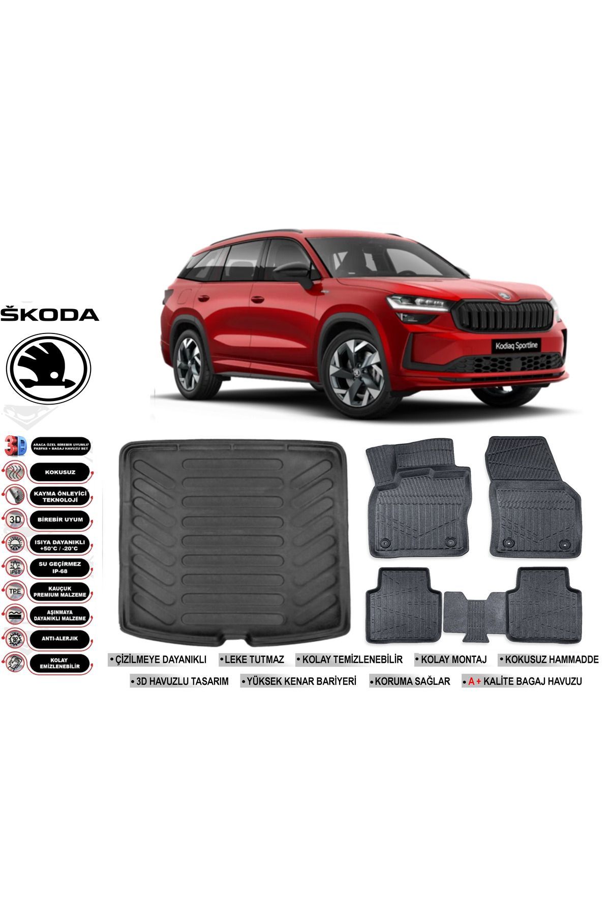 Skoda Kodiaq 2025 Model Bagaj Havuzu Araca Özel Siyah Havuzlu Paspas Takımı Sett