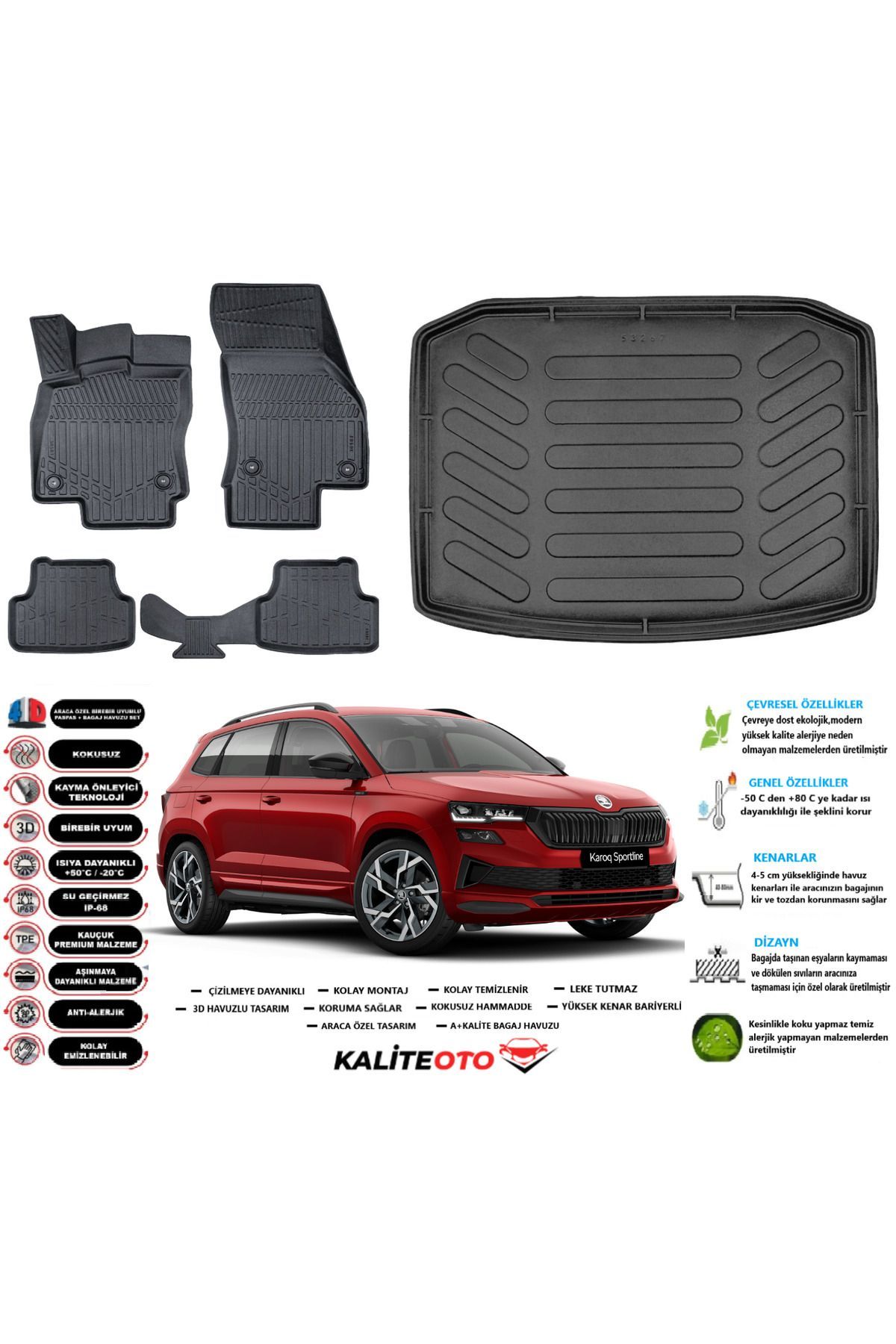 Skoda Karoq 2023 Model Esnek Bagaj Havuzu Araca Özel Siyah Paspas Takımı