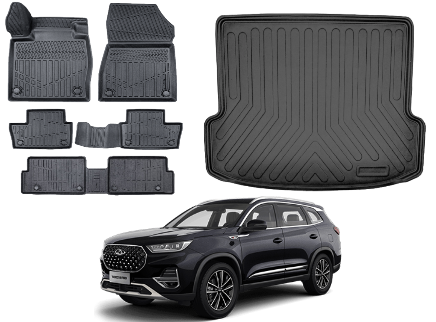 Chery Tiggo 8 2022 Sonrası 3D Bagaj Havuzu+3D Araca Özel 7 Kişilk Paspas Takımı Luxury Serisi