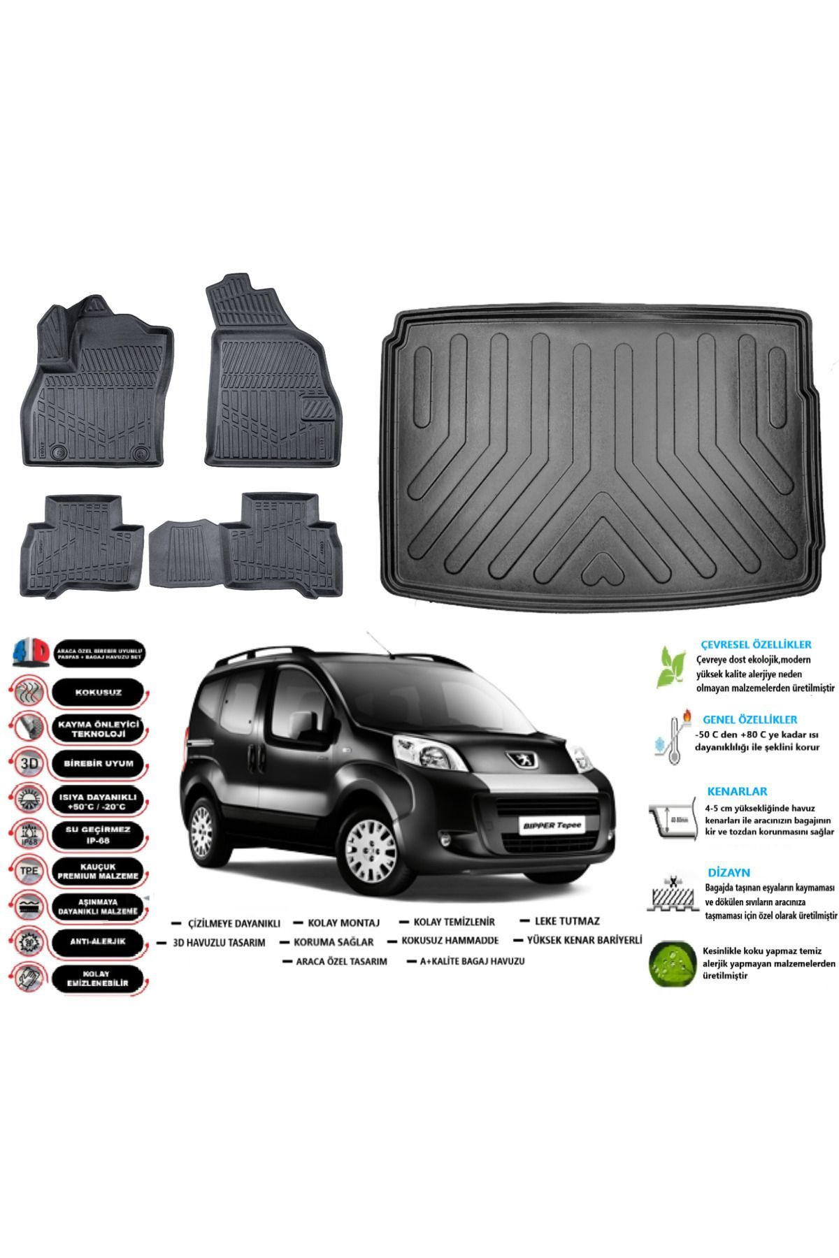 Peugeot Bipper 2008 Model Esnek Bagaj Havuzu Araca Özel Siyah Paspas Takımı