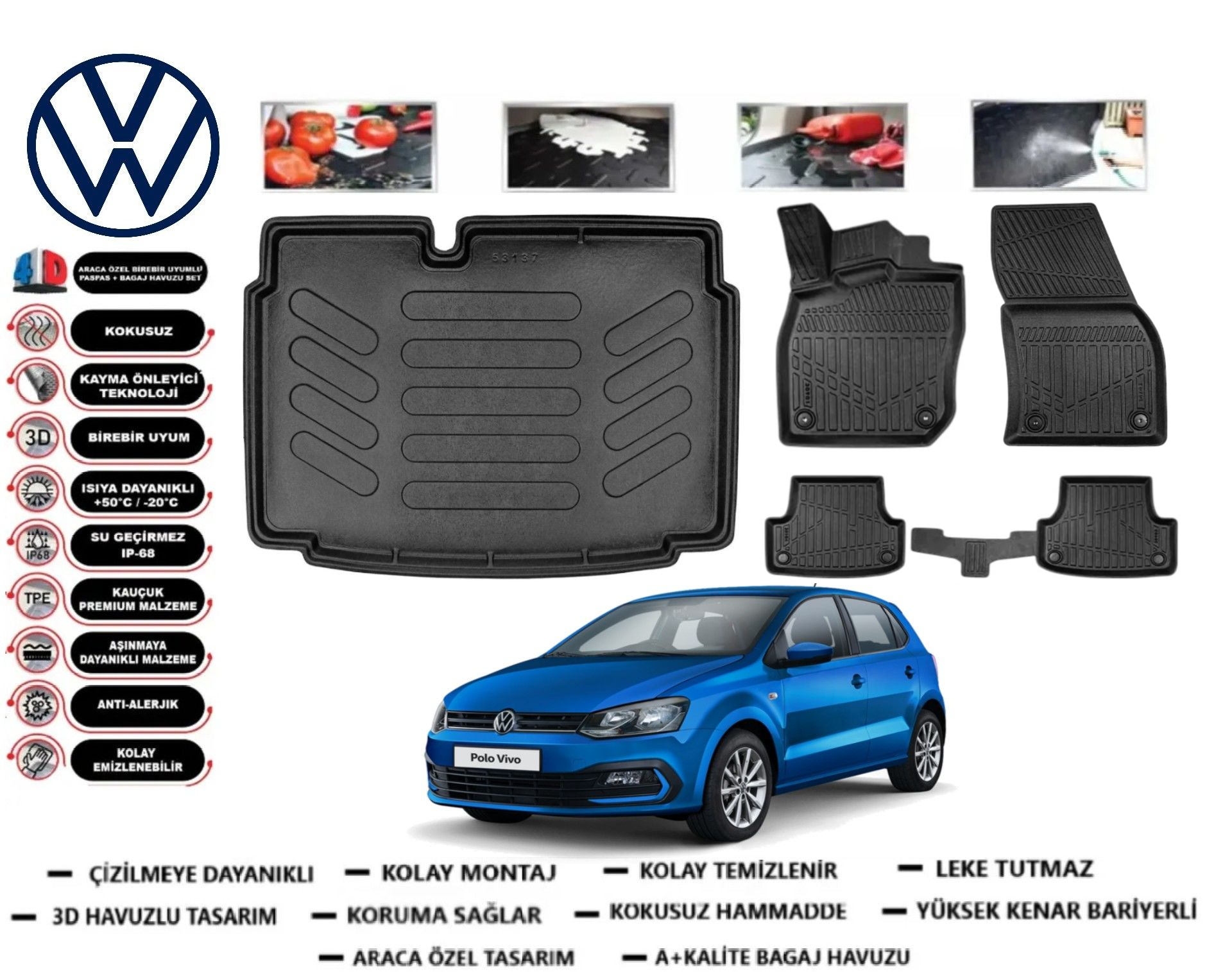 Volkswagen Polo 2009-2016 3D Alt Bagaj Havuzu+3D Araca Özel Paspas Takımı