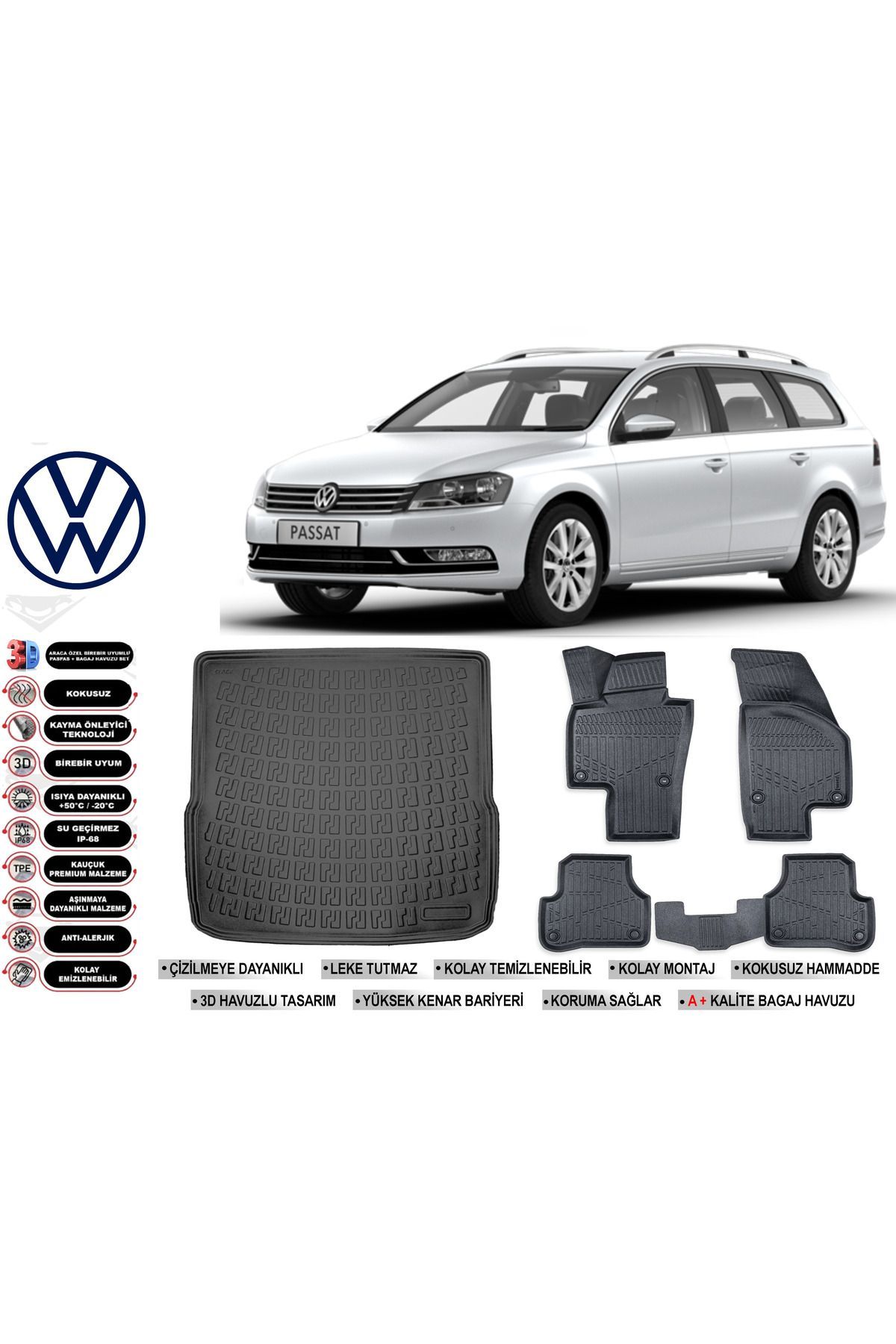 Volkswagen Passat B7 Variant 2012 Model Bagaj Havuzu Araca Özel Siyah Havuzlu Paspas Takımı Sett