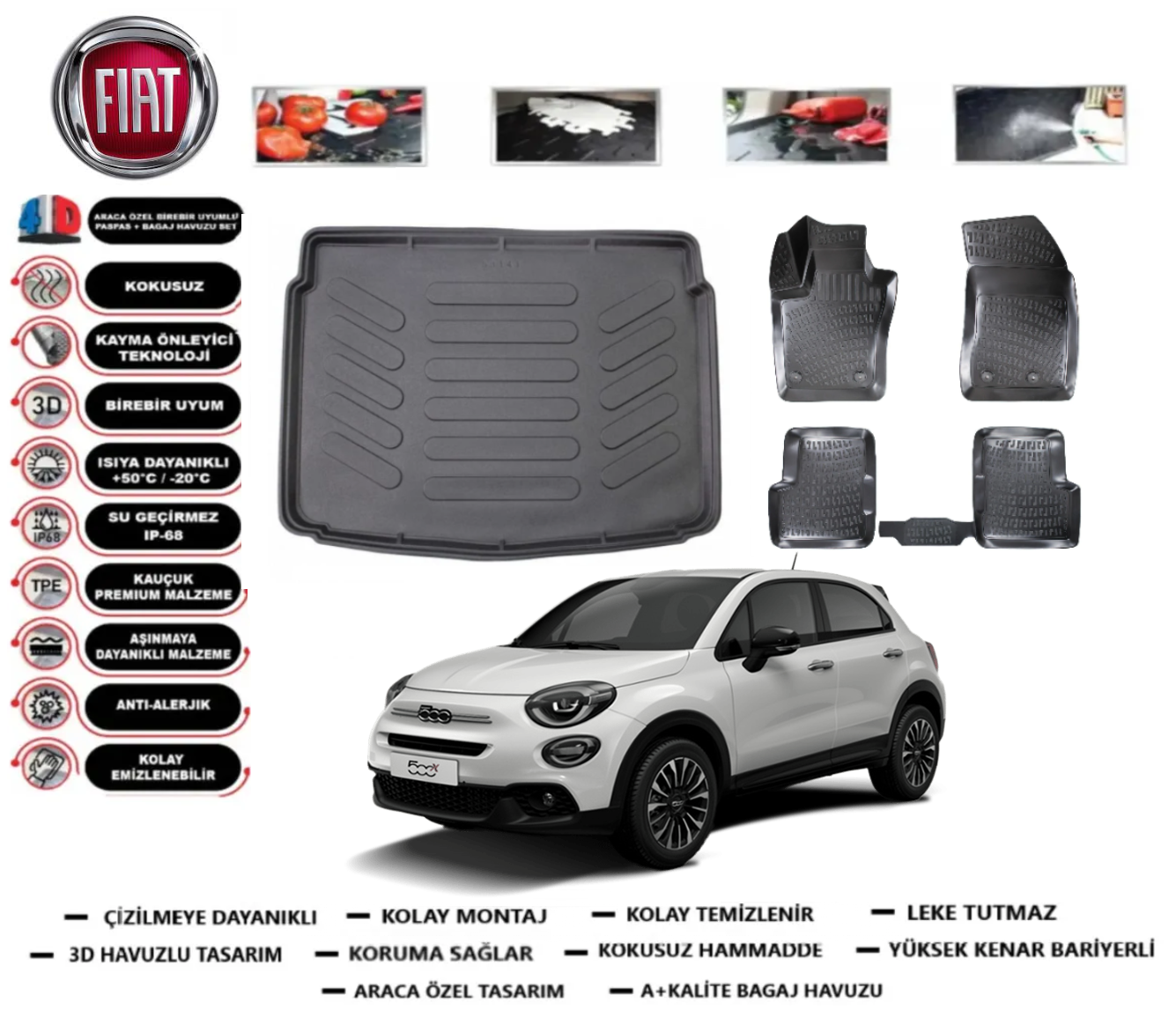 Fiat 500X 2007 Sonrası 3D Bagaj Havuzu+3D Araca Özel Paspas Takımı