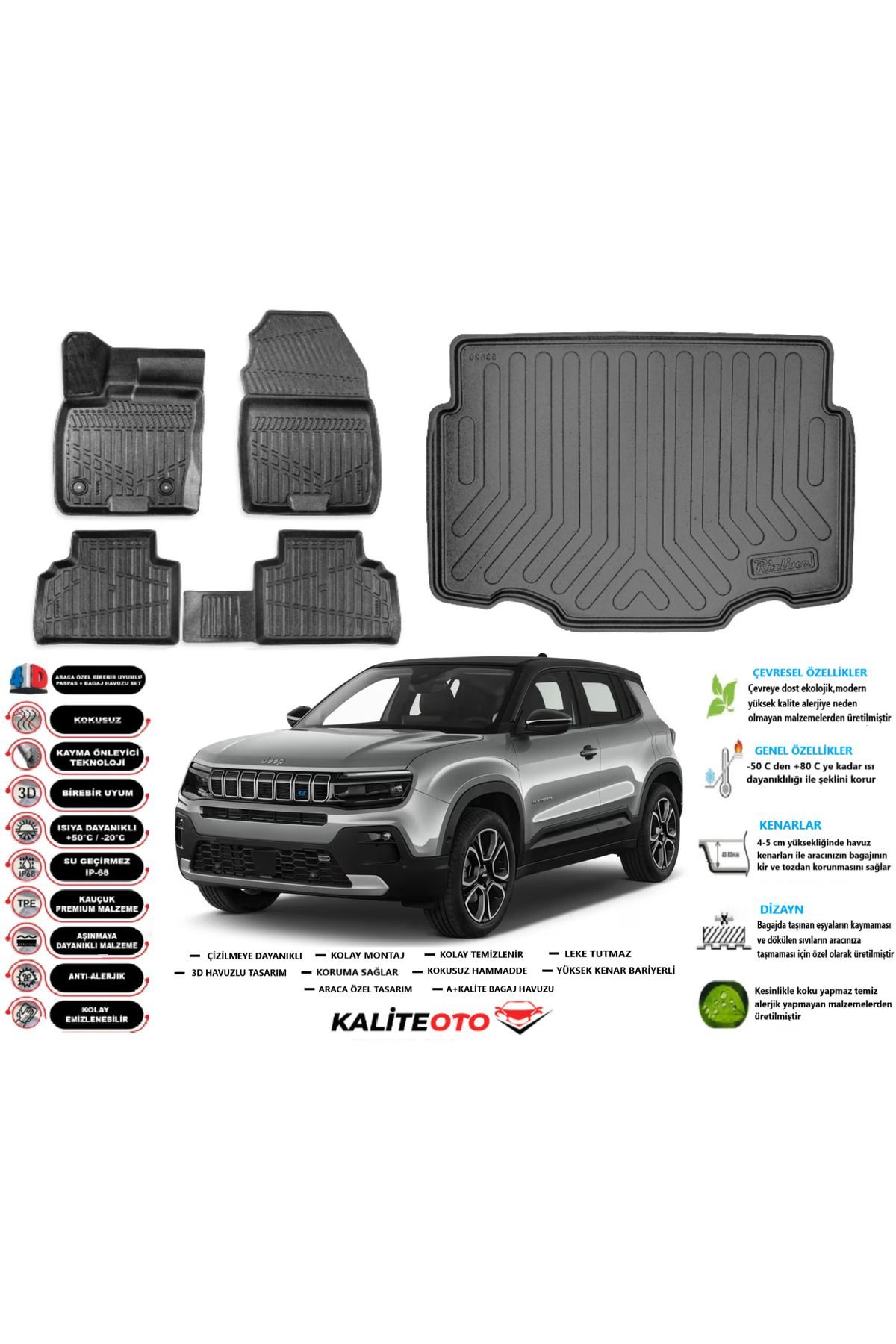 Jeep Avanger Elektrikli 2023 Model Alt Esnek Bagaj Havuzu Araca Özel Siyah Paspas Takımı
