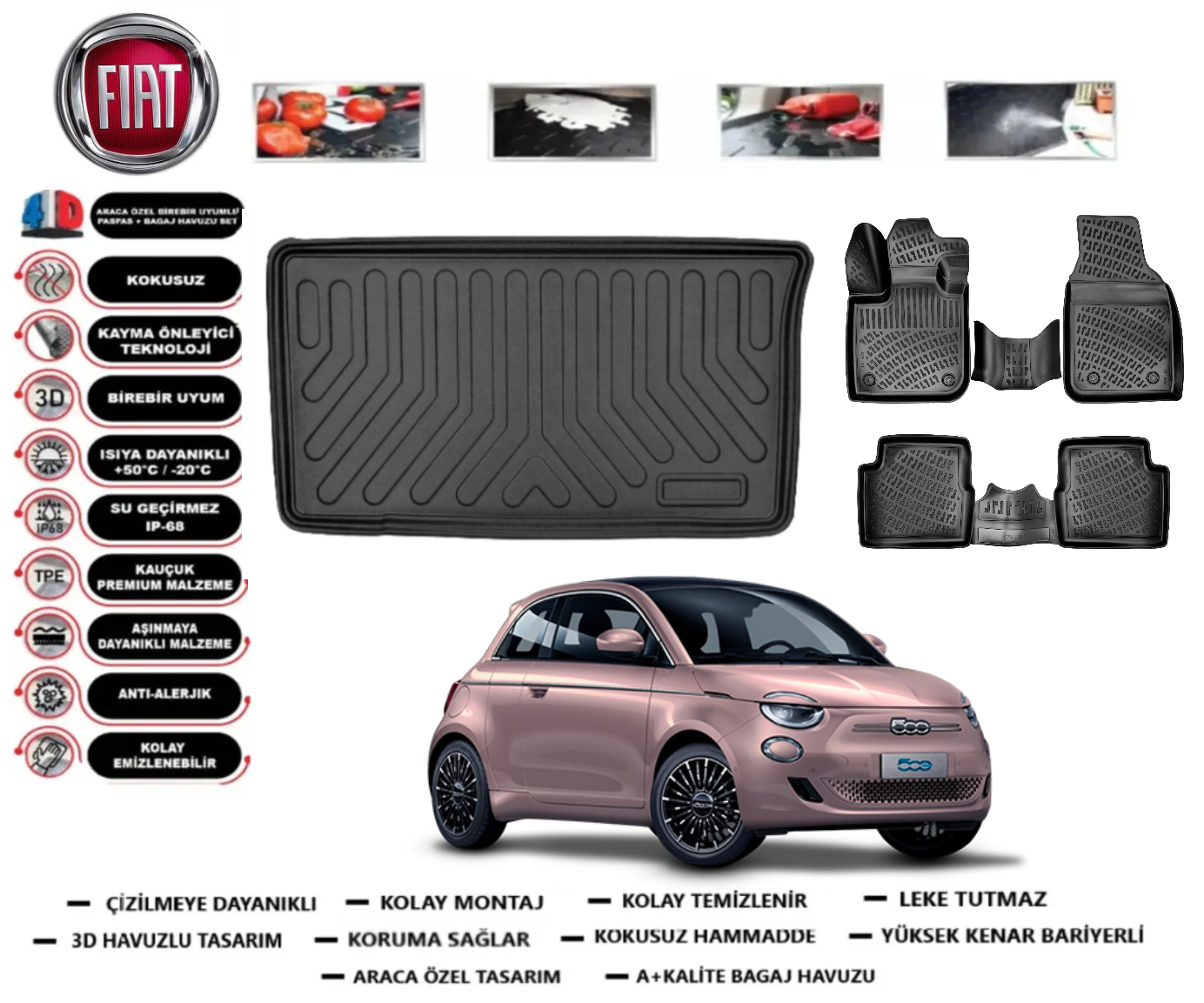 Fiat 500 2020 Sonrası Elektrikli 3D Bagaj Havuzu+3D Araca Özel Paspas Takımı