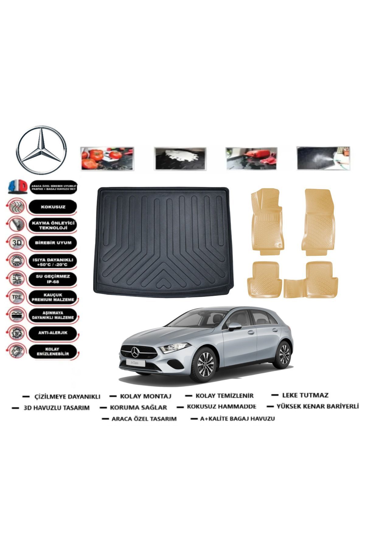 Mercedes A Serisi W177 SD Kulaksız 2022 Model Bagaj Havuzu+Araca Özel Bej Paspas Takımı Flex