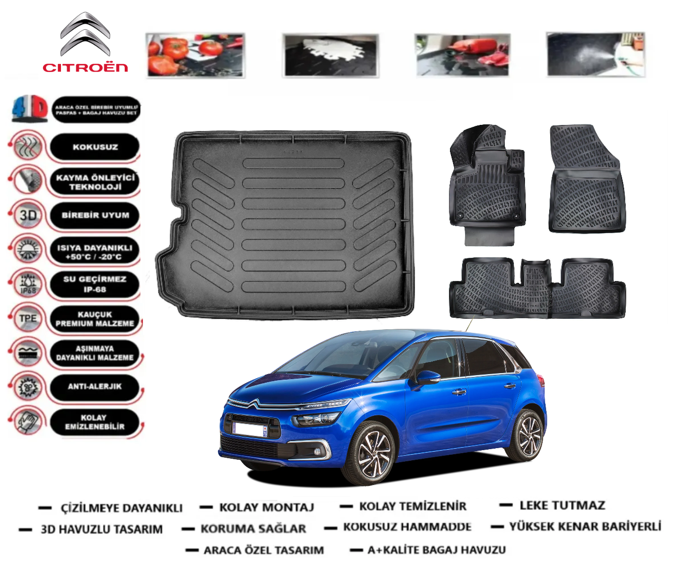 Citroen Picasso 2013 Sonrası 3D Bagaj Havuzu+3D Araca Özel Paspas Takımı