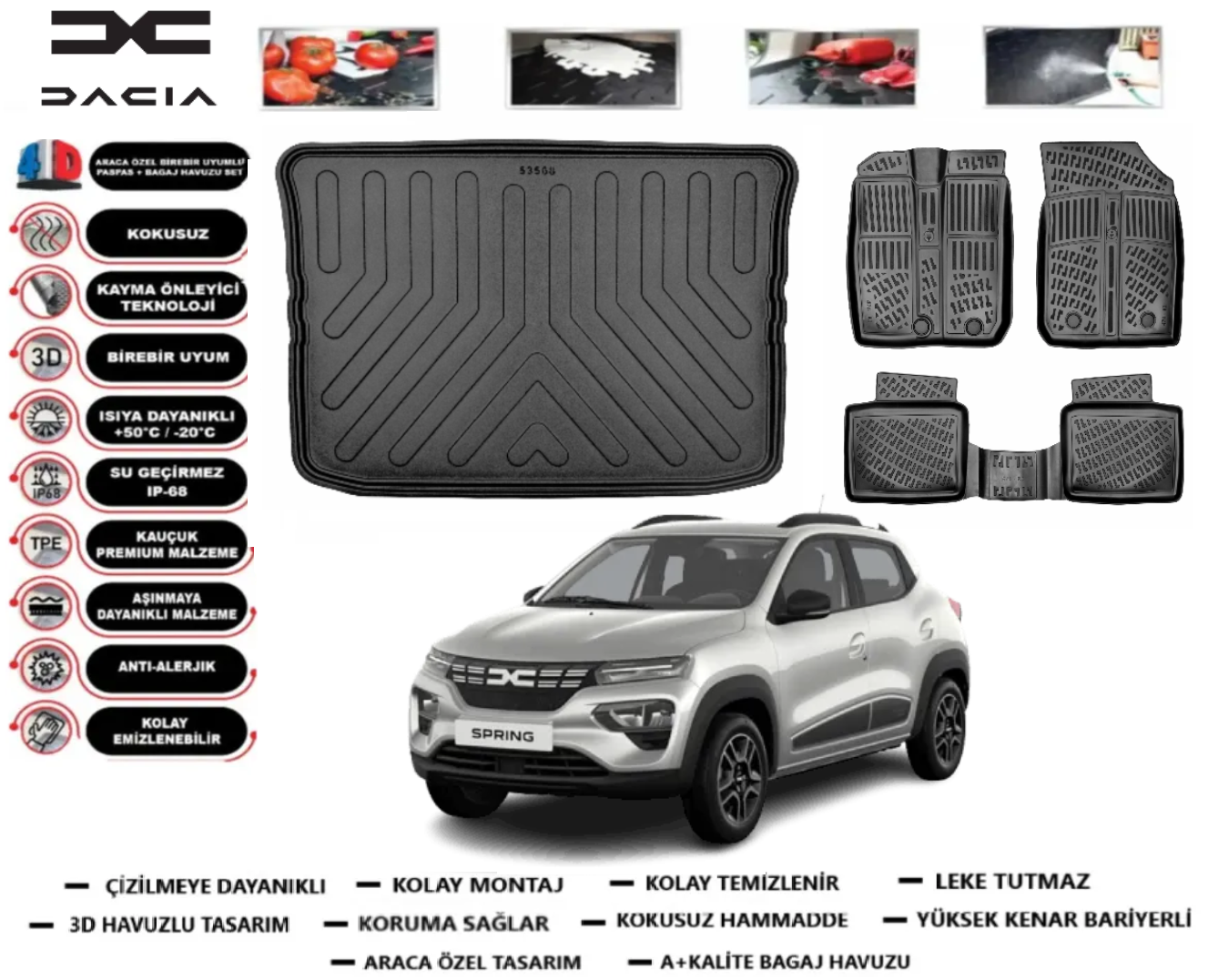 Dacia Spring 2021 Sonrası 3D Bagaj Havuzu+3D Araca Özel Paspas Takımı