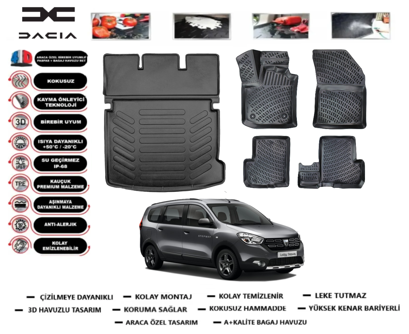 Dacia Lodgy 2012 Sonrası 3D Bagaj Havuzu+3D Araca Özel Paspas Takımı