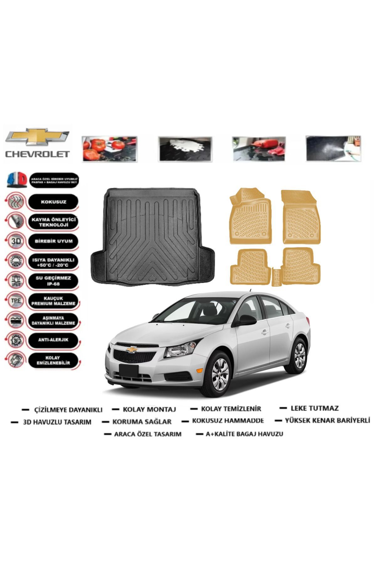 Chevrolet Cruze Sedan Çift Kulak 2015 Model Bagaj Havuzu+Araca Özel Bej Paspas Takımı Flex