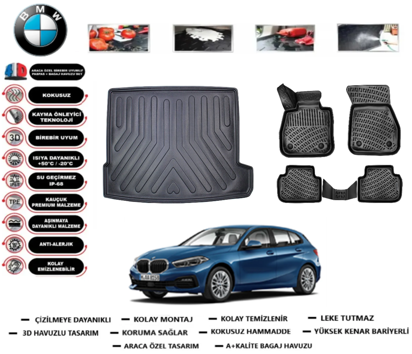 Bmw 1 Serisi F40 2018 Sonrası Üst Bagaj Havuzu+3D Araca Özel Havuzlu Paspas Takımı