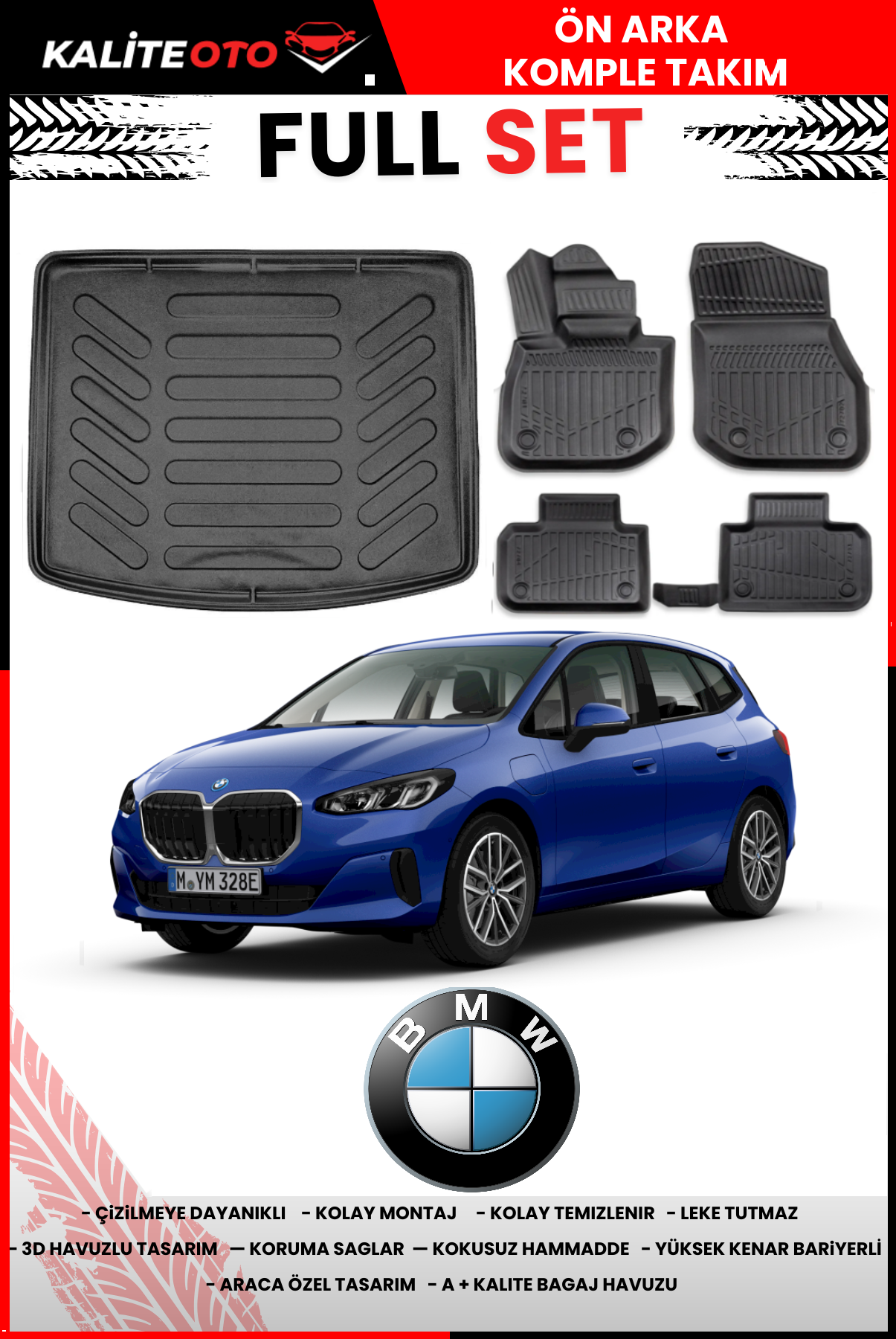 Bmw 2 Serisi Active Tourer Plug İn Hybrid 2021 Sonrası 3D Bagaj Havuzu+3D Araca Özel Havuzlu Paspas Takımı