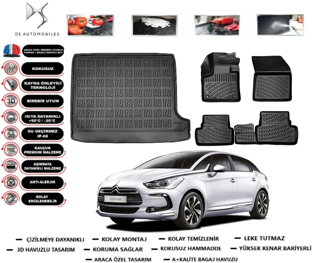 Ds 5 2011-2018 3D Üst Bagaj Havuzu+3D Araca Özel Paspas Takımı Luxury Serisi