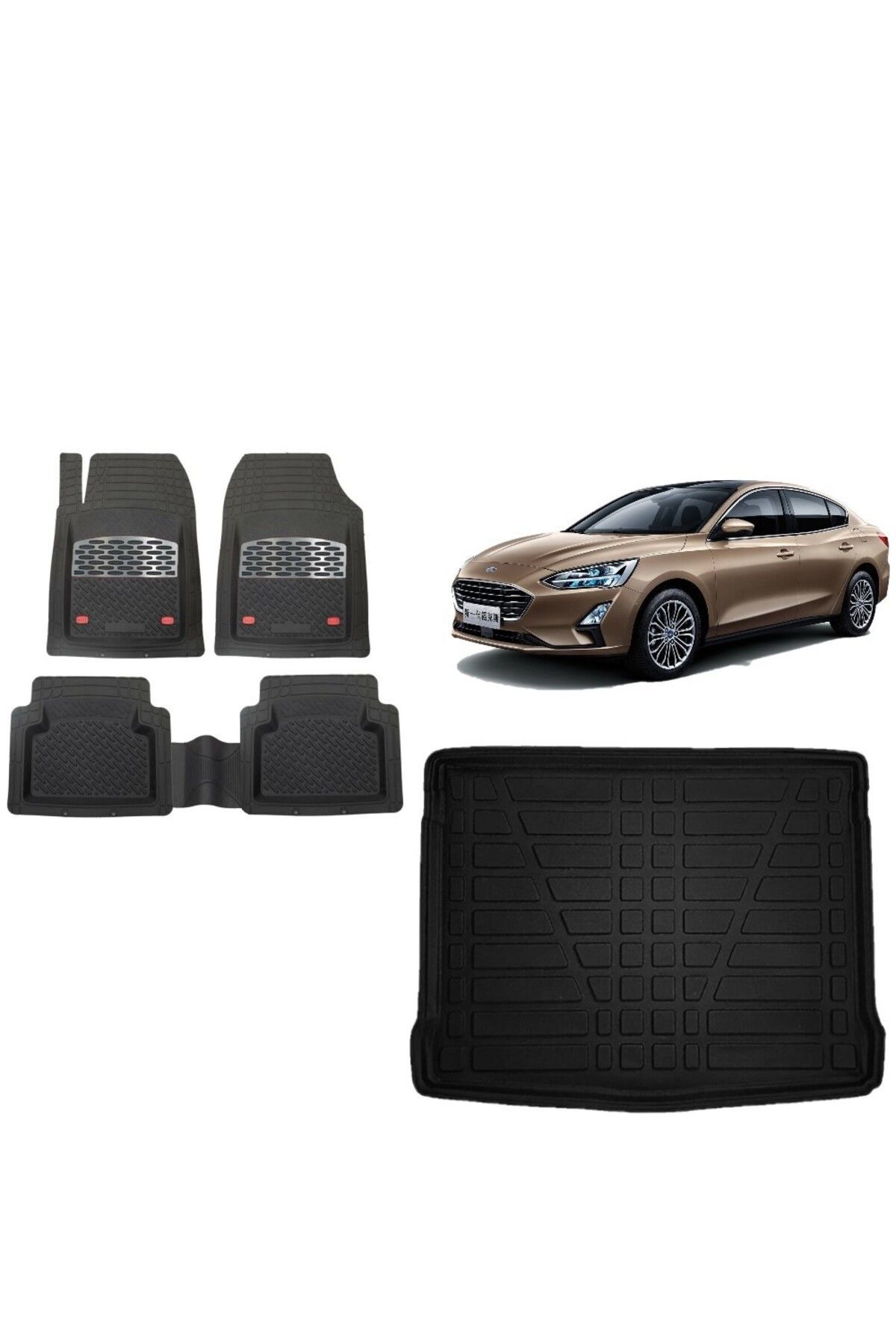 Ford Focus 4 SEDAN 2024 Model İNCE STEPNE 3D Bagaj Havuzu+3D Havuzlu Safirr Gri Kromlu Paspas