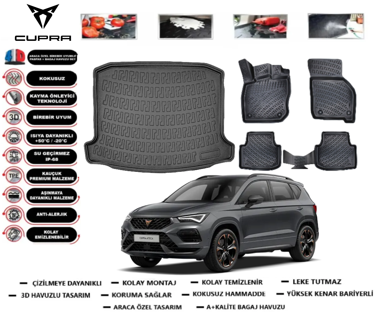 Cupra Ateca 4x4 2022 Sonrası 3D Bagaj Havuzu+3D Araca Özel Paspas Takımı