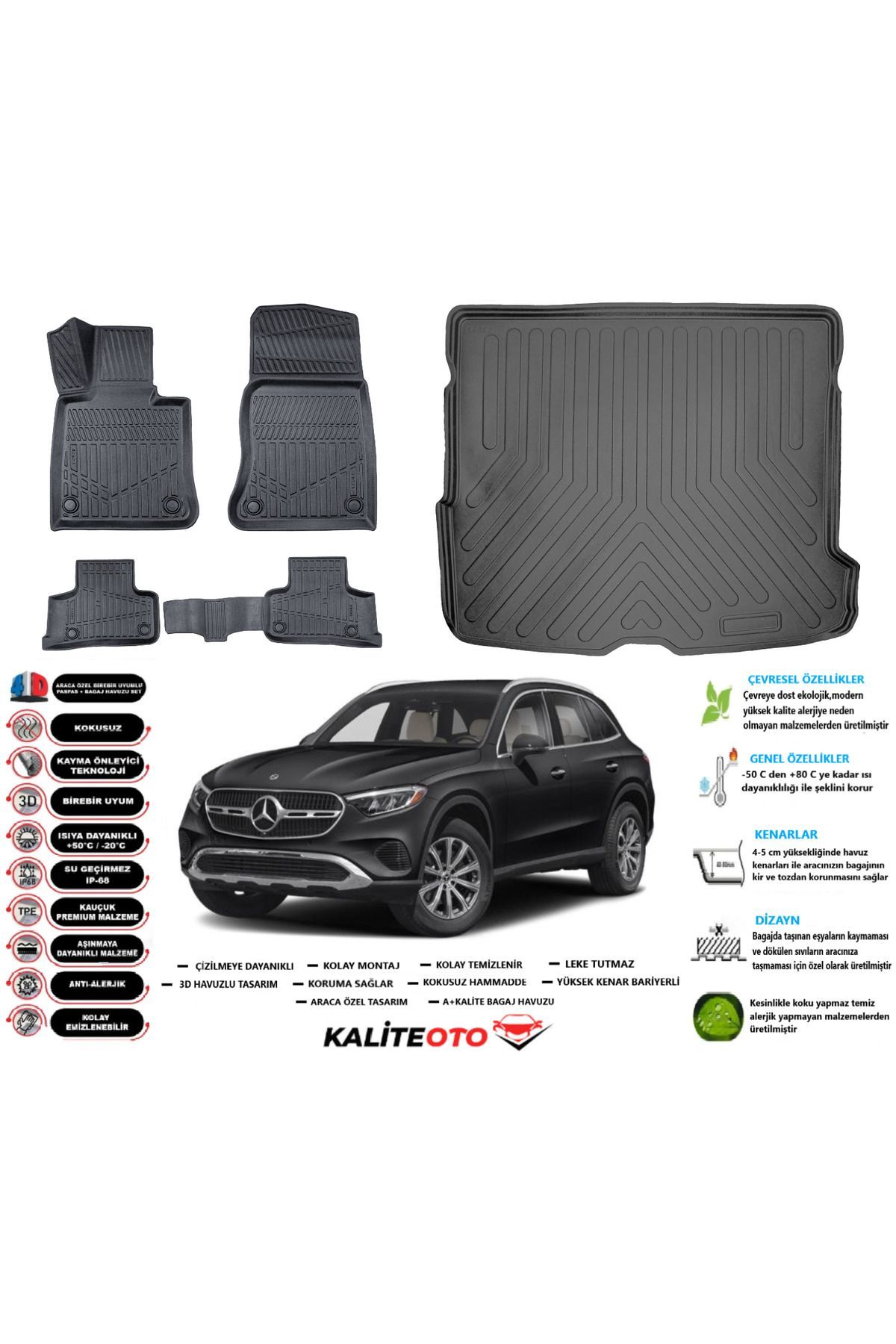 Mercedes Glc Suv 2024 Model Esnek Bagaj Havuzu Araca Özel Siyah Paspas Takımı