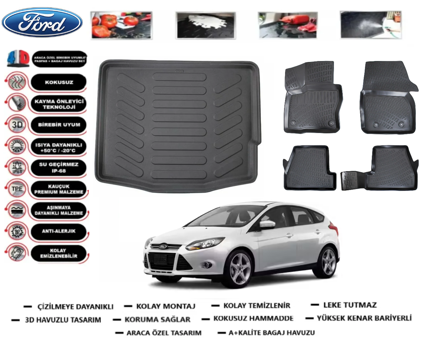 Ford Focus 2011-2018 Hatchback 3D Bagaj Havuzu+3D Araca Özel Paspas Takımı