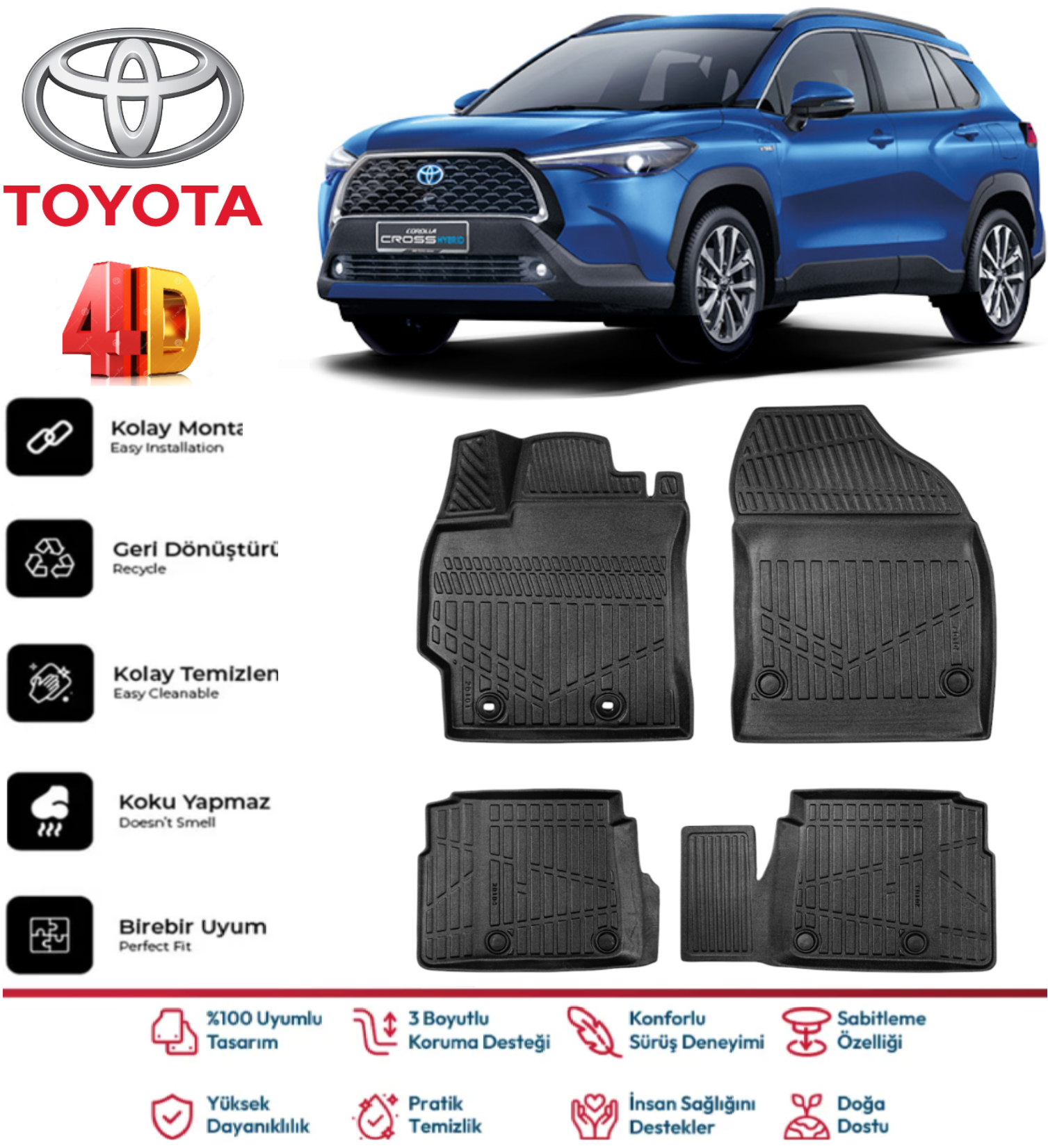 Corolla Cross 2022 Ve Sonrası Uyumlu 4.5D Plus Havuzlu Siyah Paspas Takımı Yumuşak