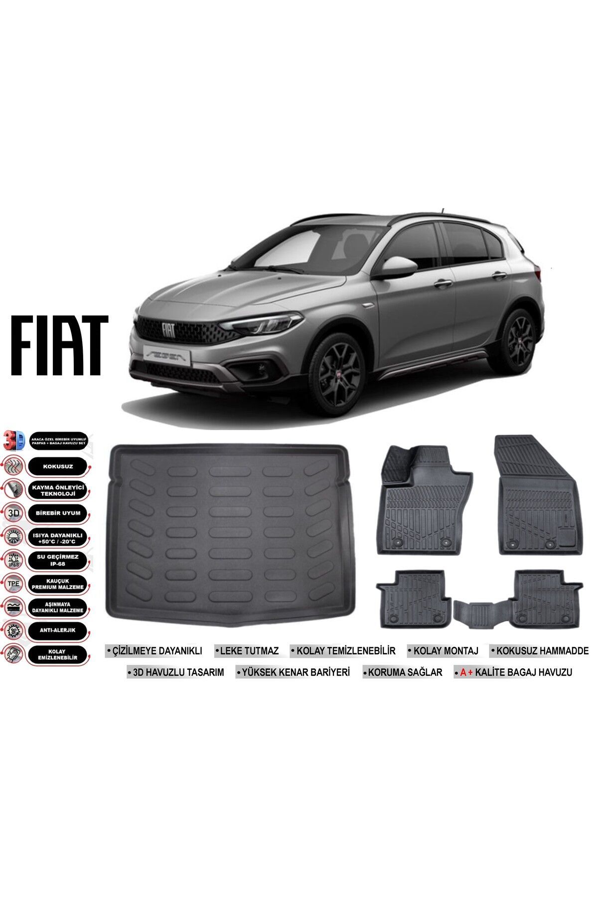 Fiat Egea Cross 2023 Model Stepneli Bagaj Havuzu Araca Özel Siyah Havuzlu Paspas Takımı Sett