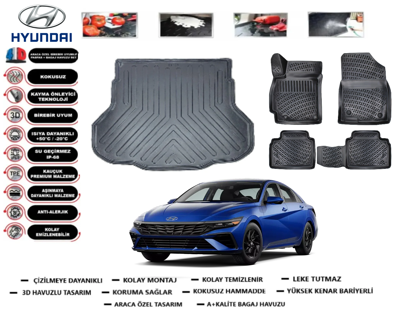 Hyundai Elantra 2020 Sonrası 3D Bagaj Havuzu+3D Araca Özel Paspas Takımı