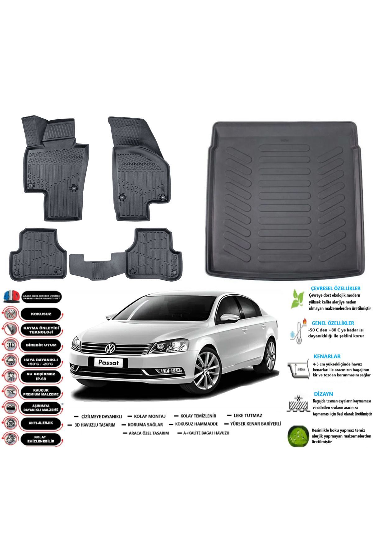 Volkswagen Passat B7 2011 Model Esnek Bagaj Havuzu Araca Özel Siyah Paspas Takımı